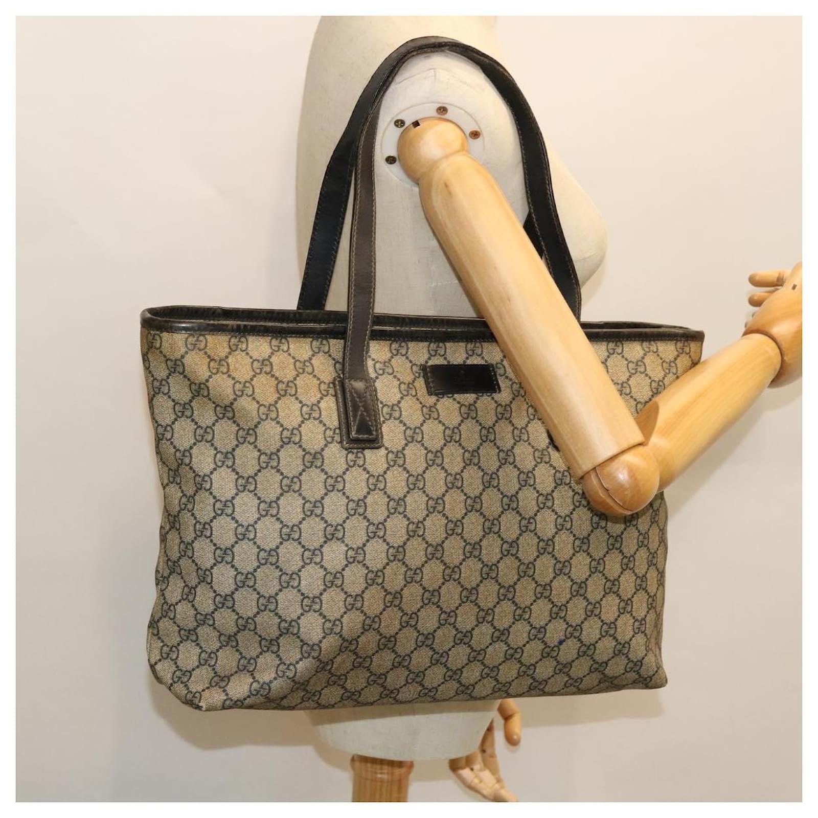 GUCCI GG Canvas Tote Bag PVC Leather Navy Beige 211137 auth 51642