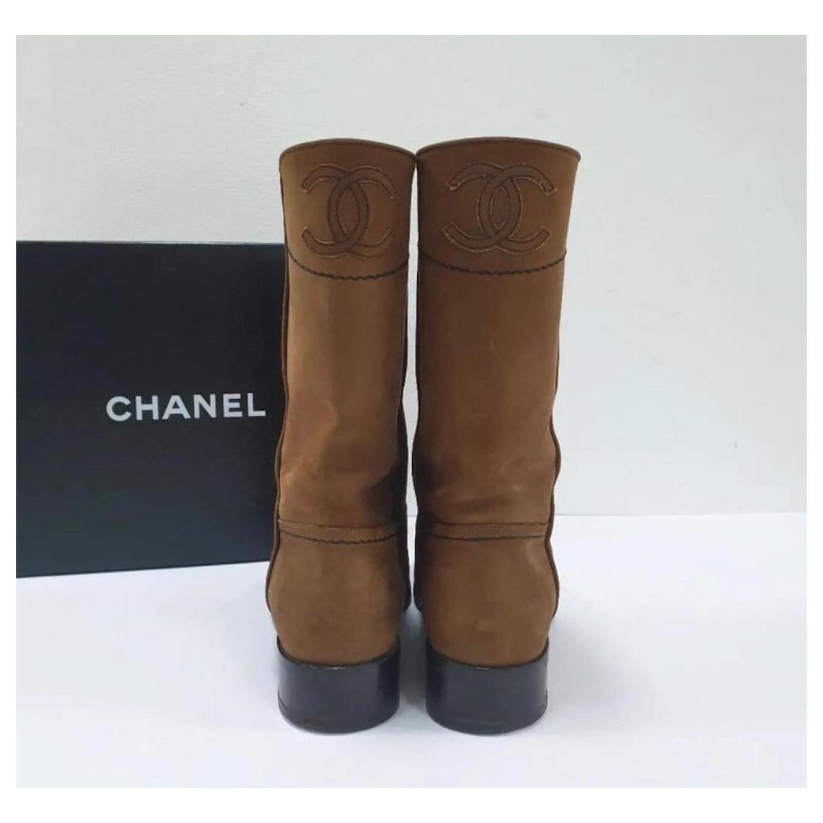 Chanel Brown Nubuck Leather CC Cowboy Flat Boots