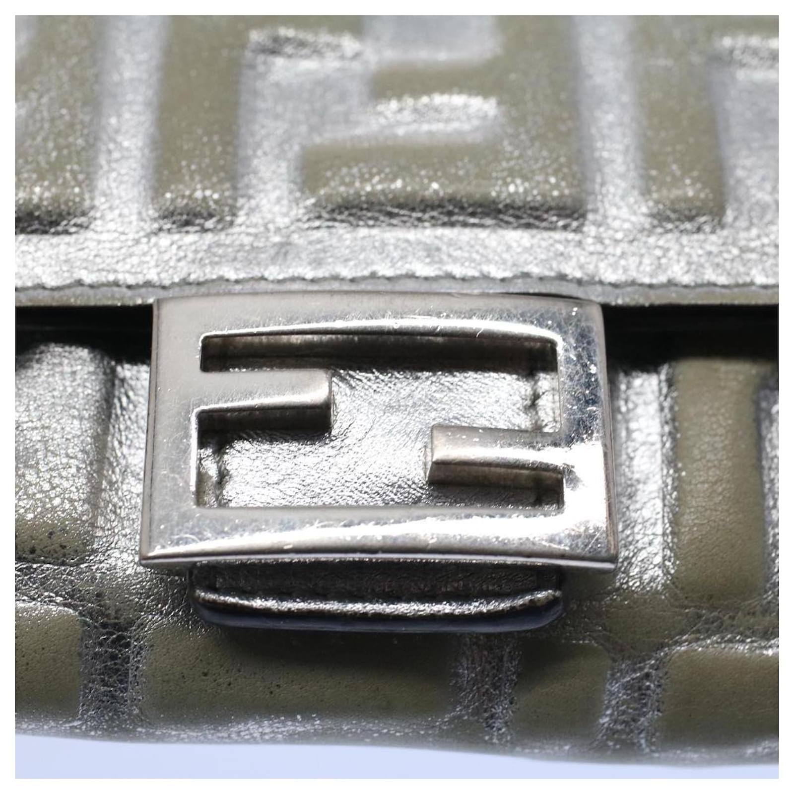 FENDI Zucca Canvas Mamma Baguette Long Wallet Silver Auth 52170