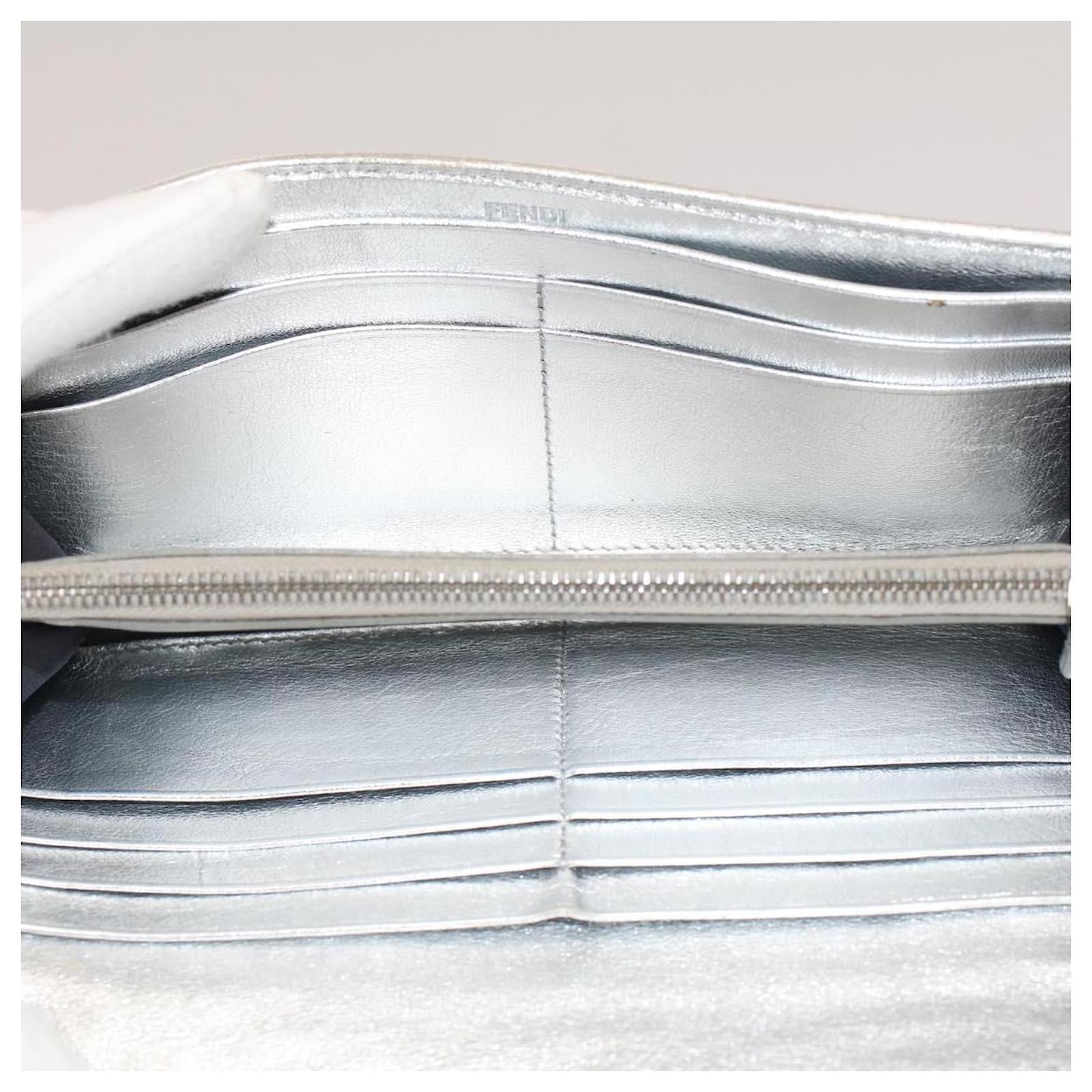 FENDI Zucca Canvas Mamma Baguette Long Wallet Silver Auth 52170