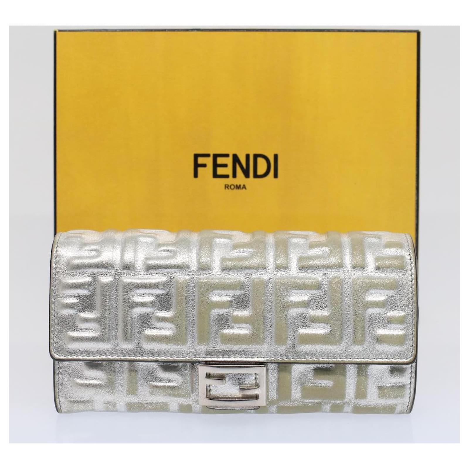 FENDI Zucca Canvas Mamma Baguette Long Wallet Silver Auth 52170