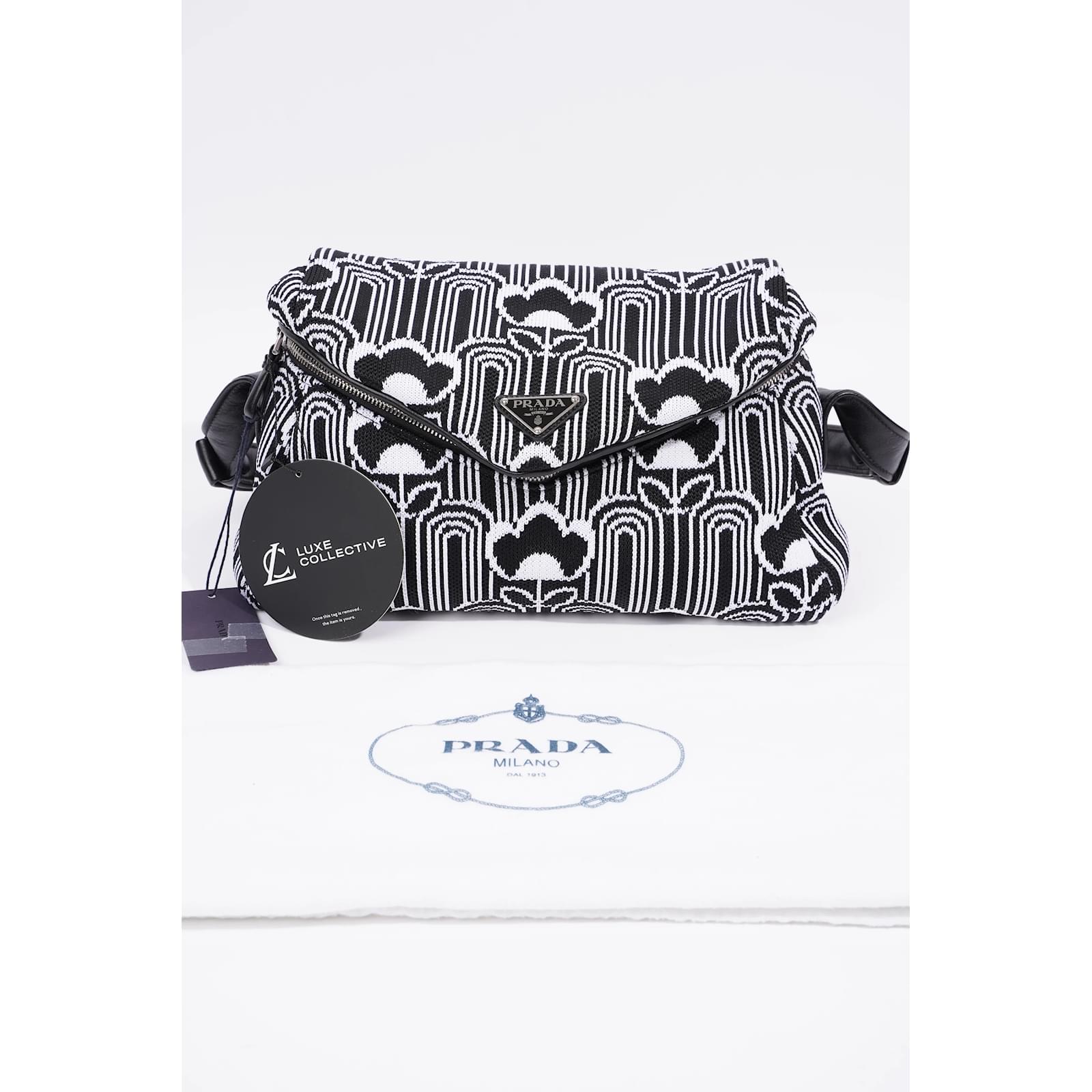 Prada Signaux Jacquard Shoulder Bag Black White Fabric Cloth ref