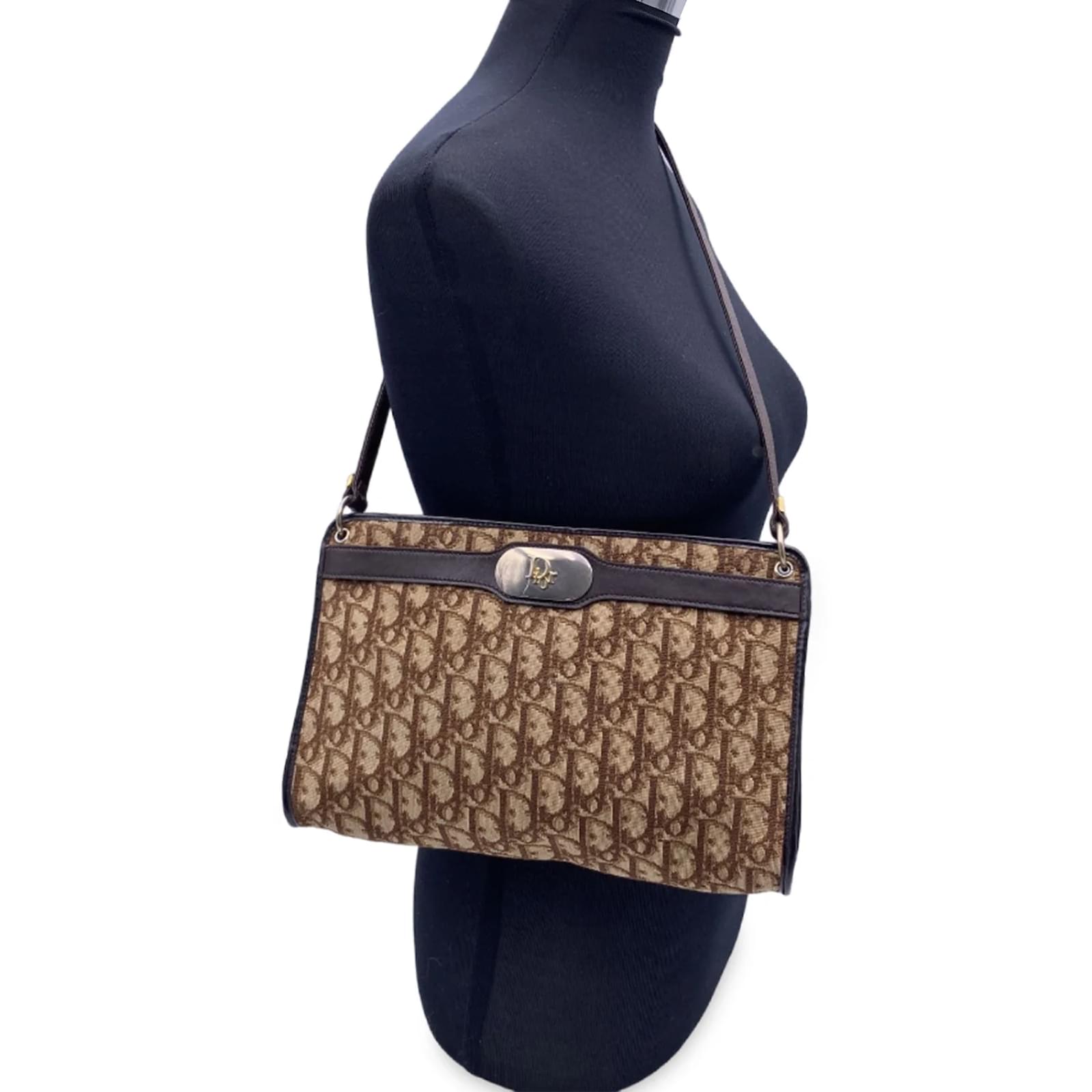 Christian Dior Vintage Brown Oblique Monogram Canvas Shoulder Bag Cloth