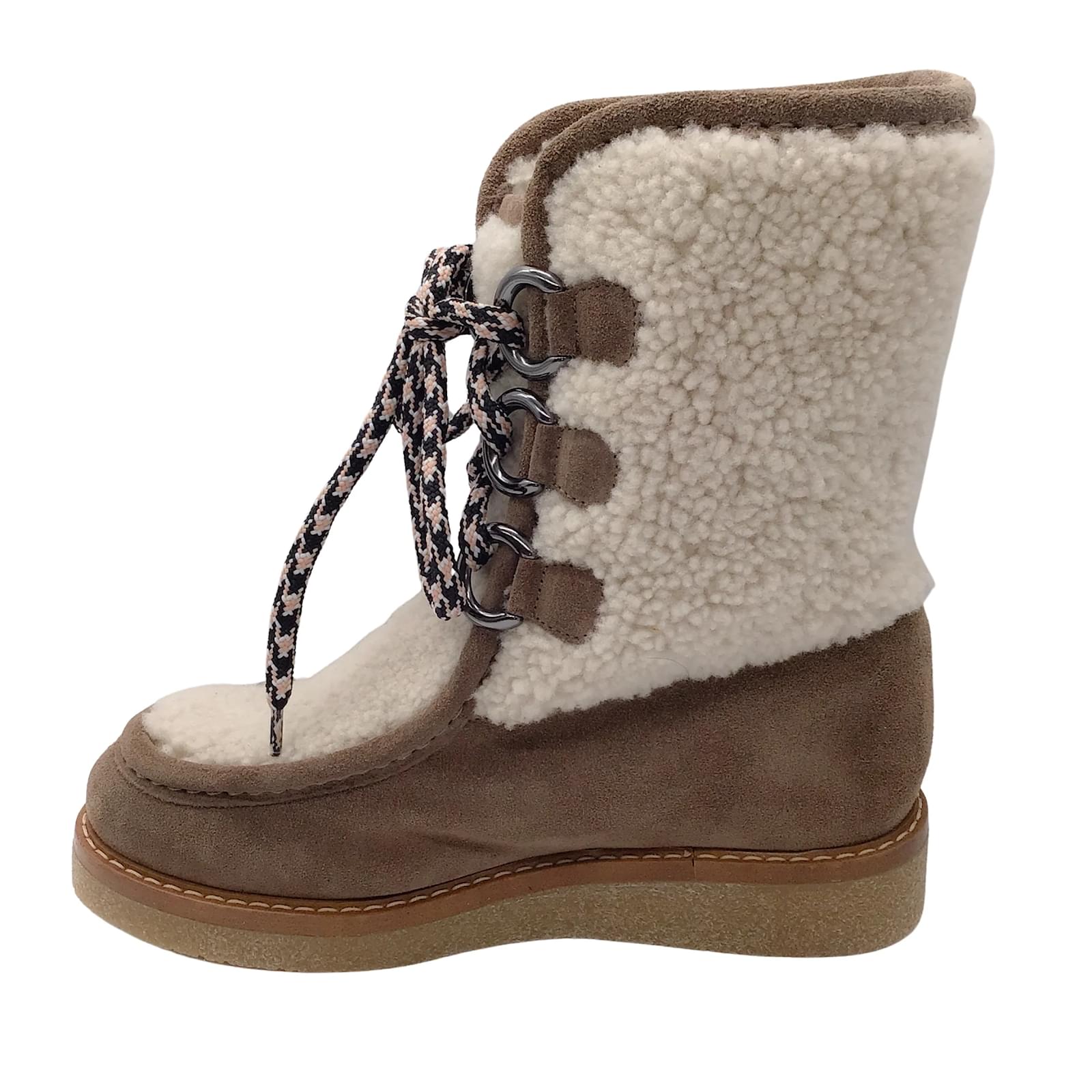 Aquatalia Taupe Ivory Suede and Shearling Lace Up Boots