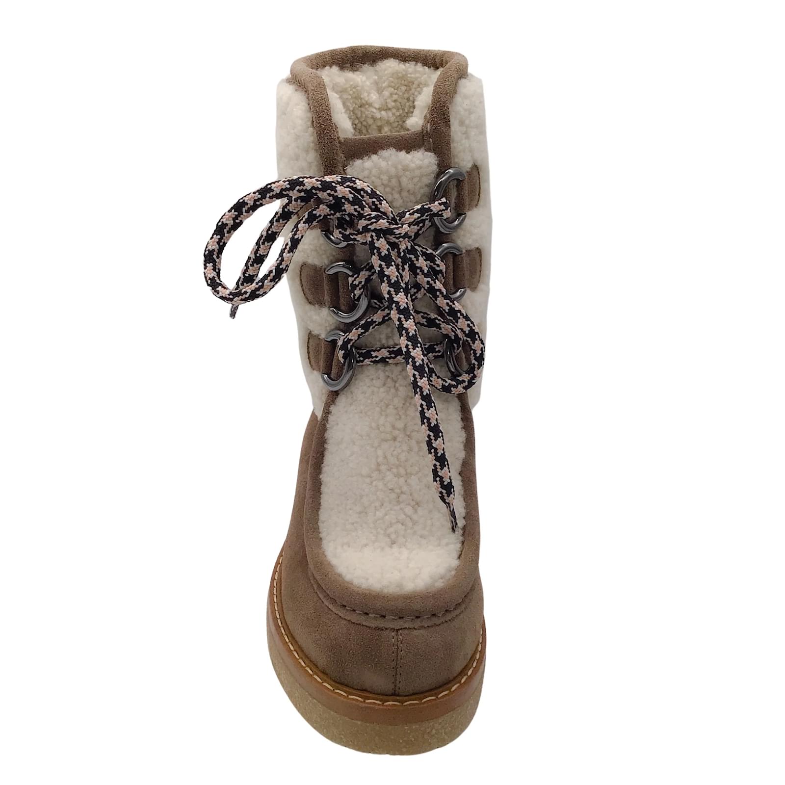 Aquatalia Taupe Ivory Suede and Shearling Lace Up Boots