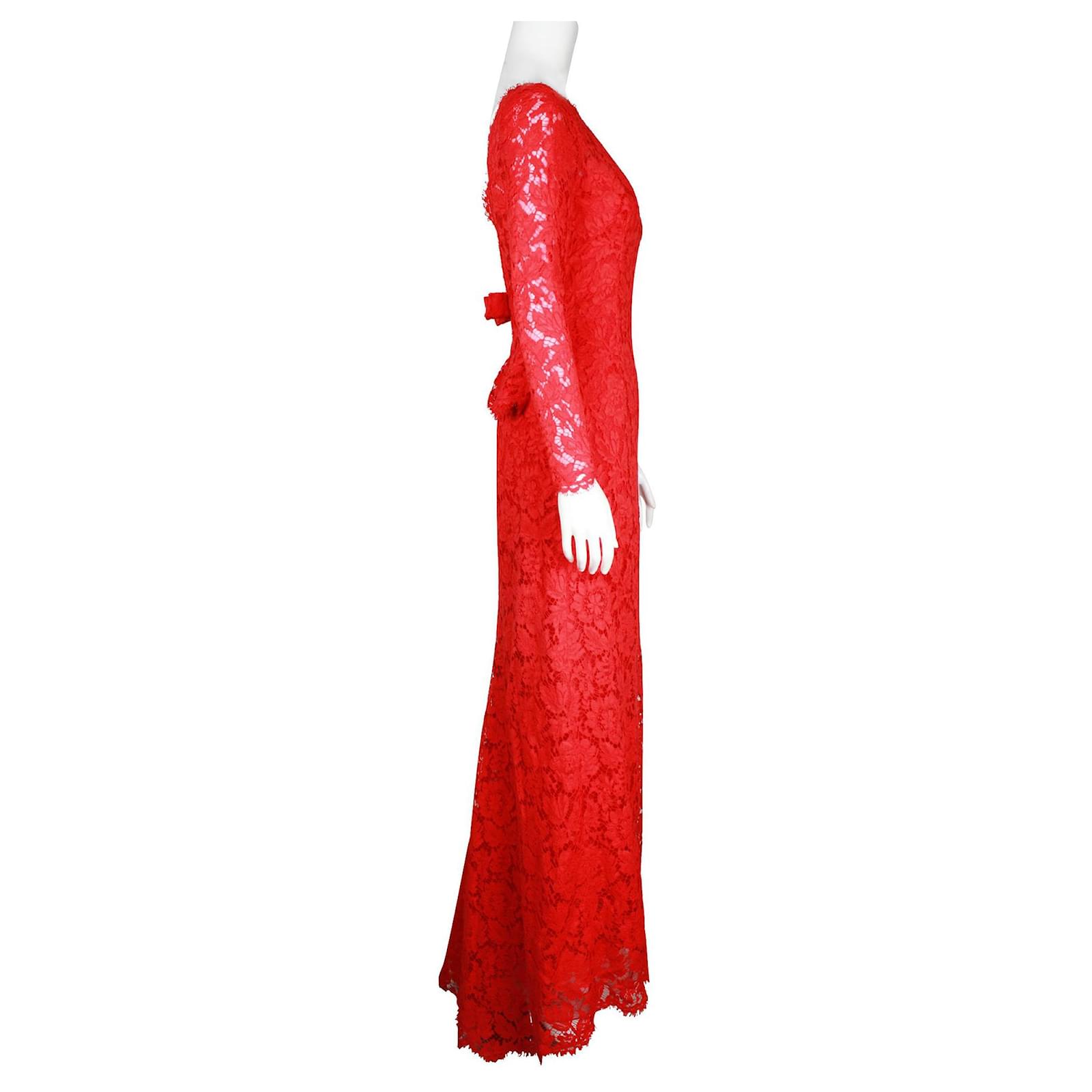 Valentino Red Maxi Lace Dress with Ribbon Backless Detail Cotton ref.JC1060789 (Sold) - Joli Closet Valentino Red Maxi Lace Dress with Ribbon Backless Detail Cotton ref.JC1060789 (Sold) - Joli Closet