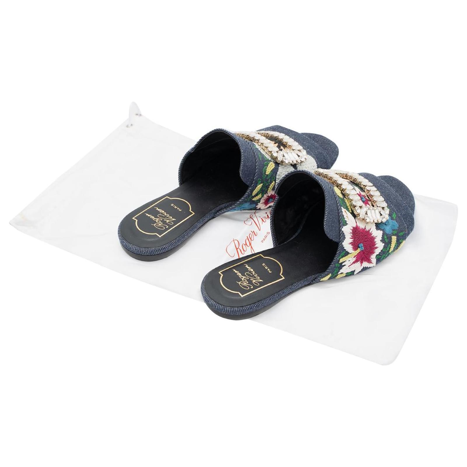 Roger Vivier Strass-Buckle Floral Denim Slide Sandals