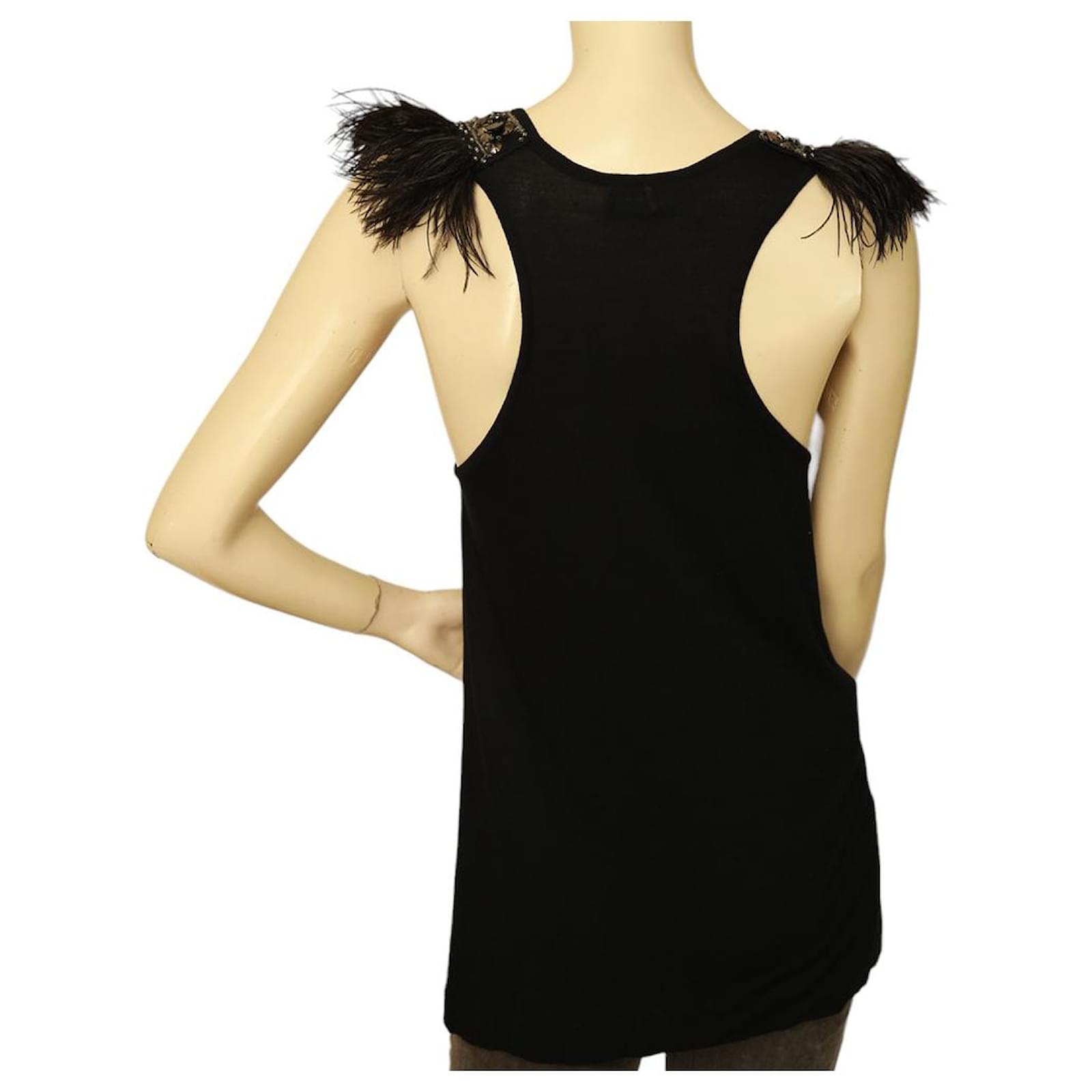 EMilio Pucci Black Studded Shoulders with Feathers Tank
