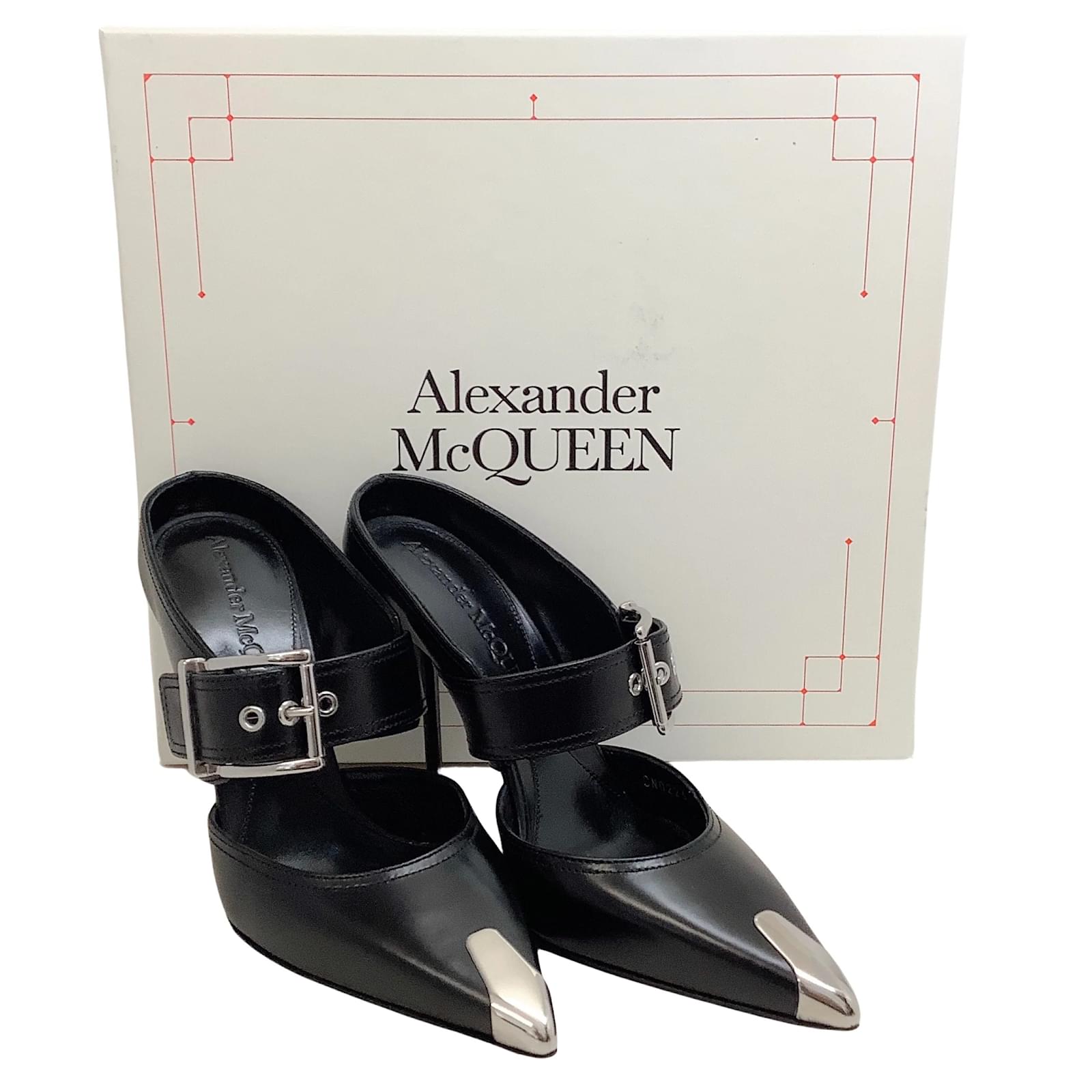 Alexander McQueen Black Leather Punk Buckle Mules ref