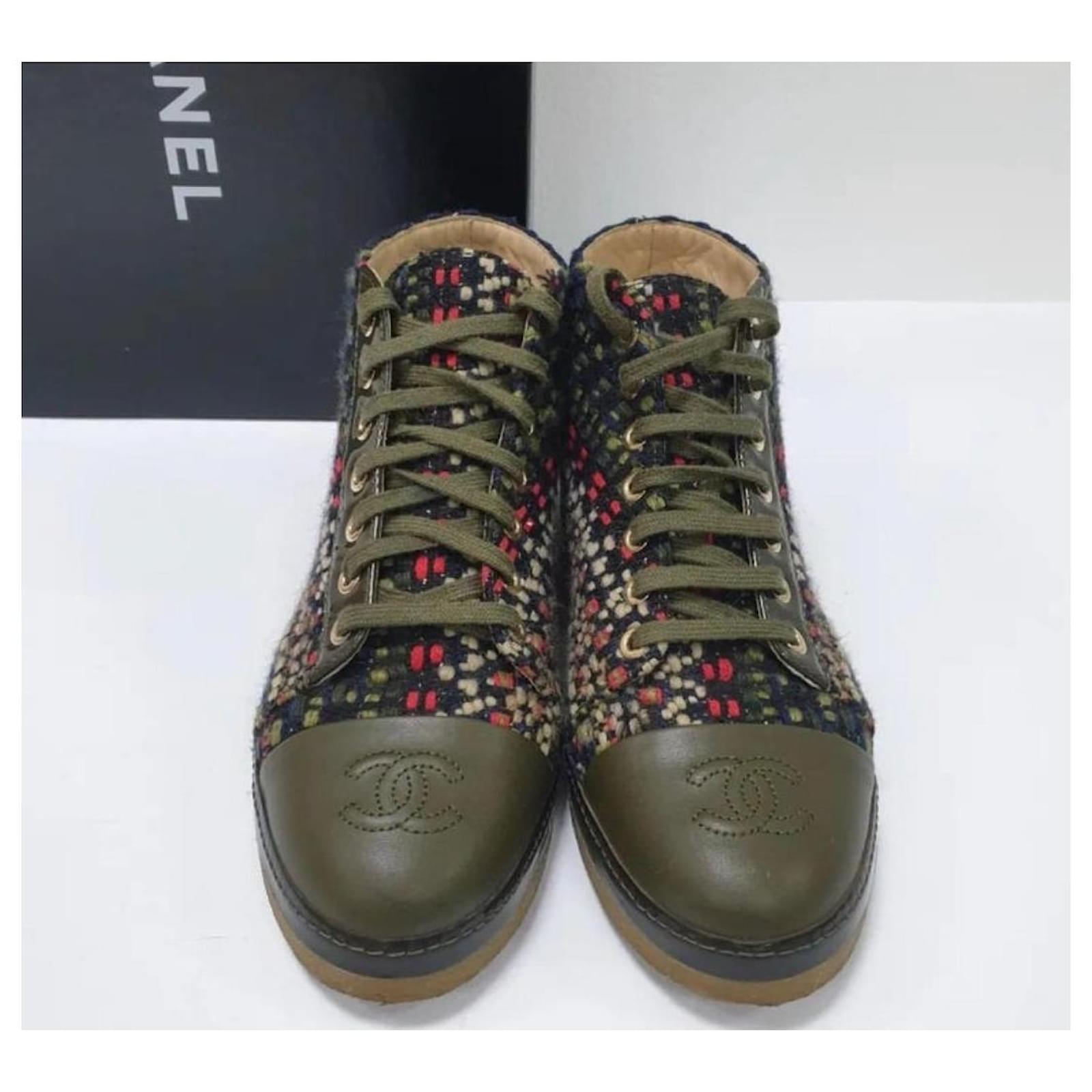 Chanel Green CC Logo Tweed Leather Ankle Boots Multiple