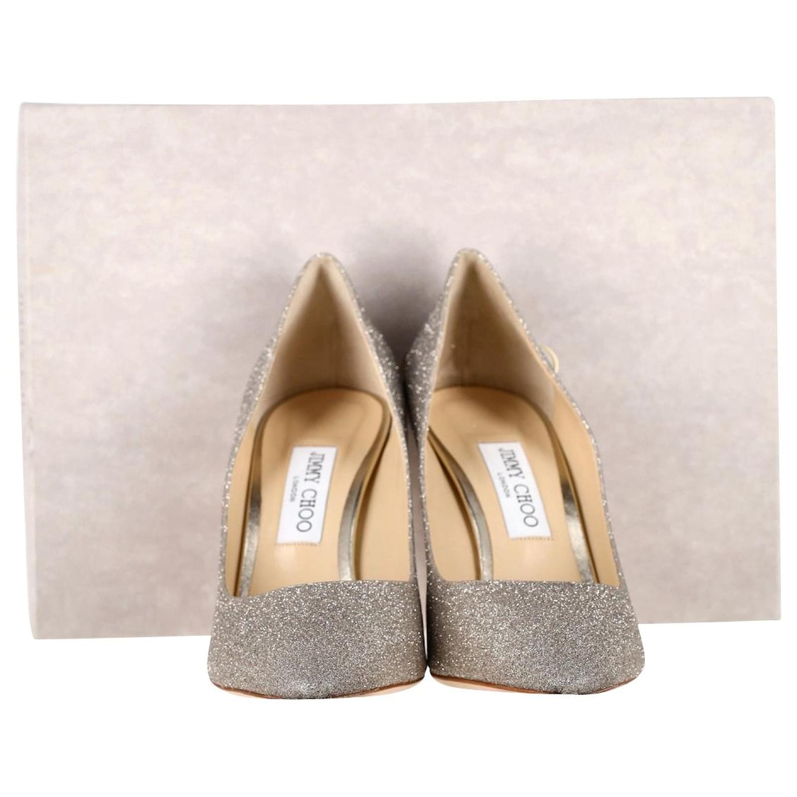 Jimmy Choo Romy 100 Platinum Ice Glitter Pumps in Silver Leather