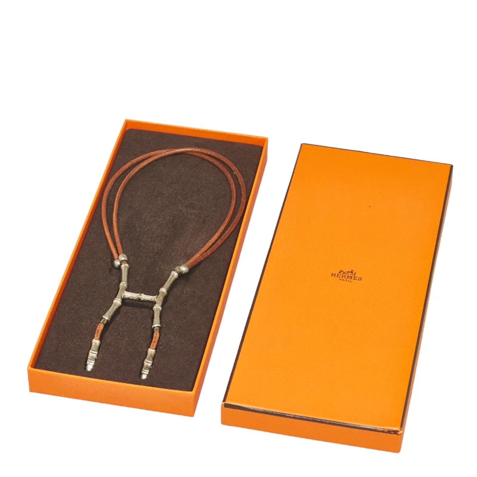 Hermès Bamboo & Leather Halter Necklace Silvery Pony-style 