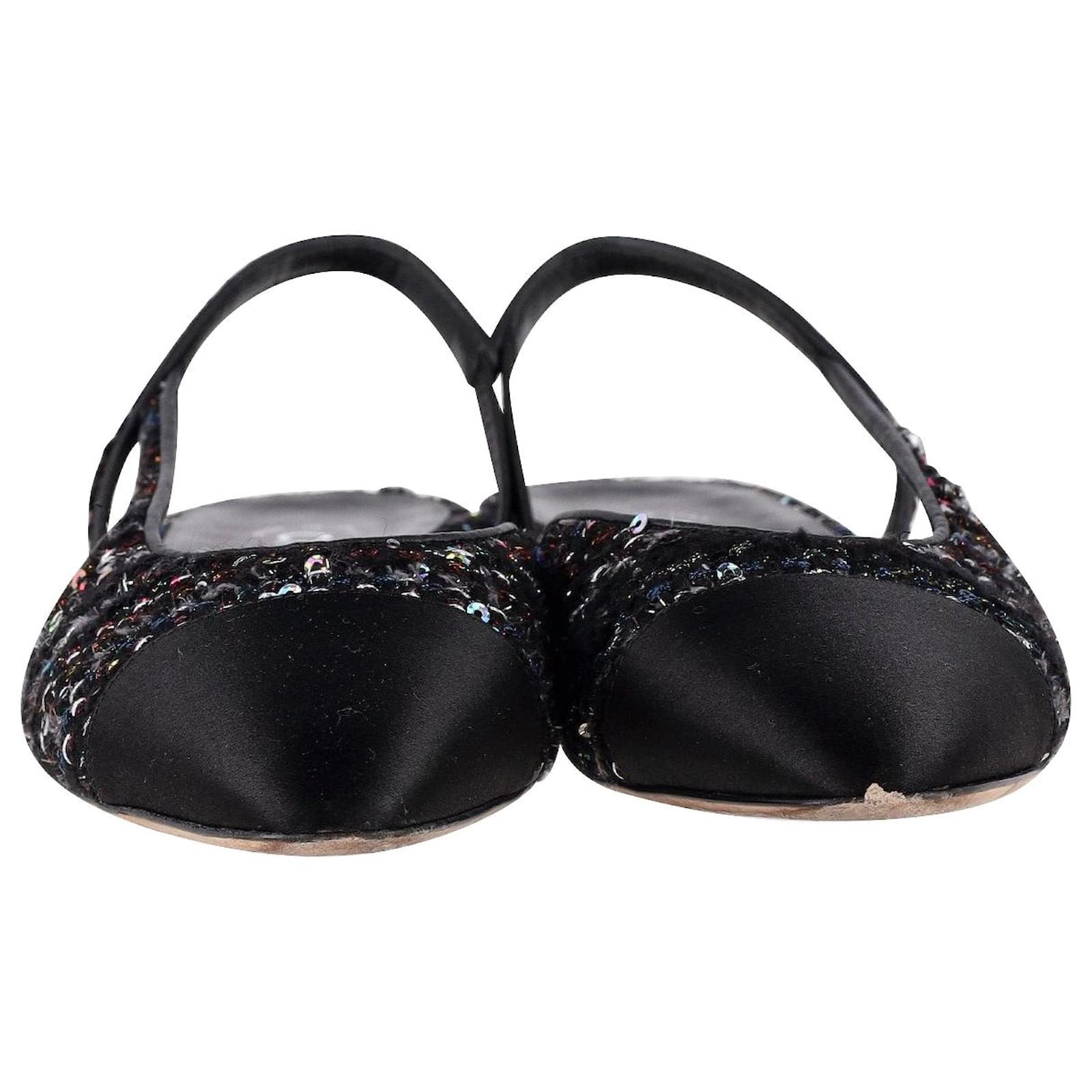 Chanel Cap Toe Slingback Flats in Black Tweed Cotton ref.1075633