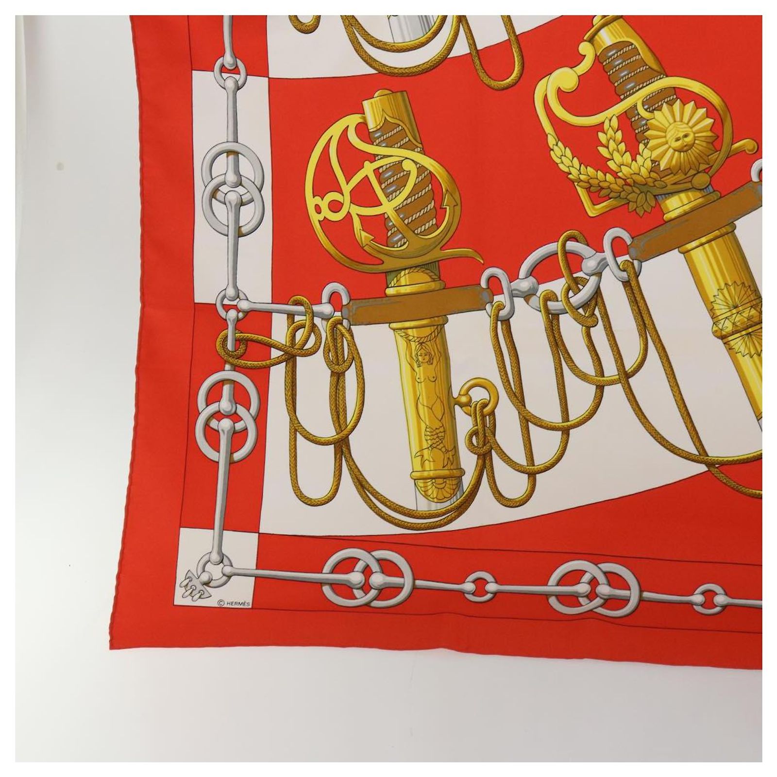Hermès HERMES CARRE 90 Cliquetis Scarf Silk Orange White Auth 54053 ref ...
