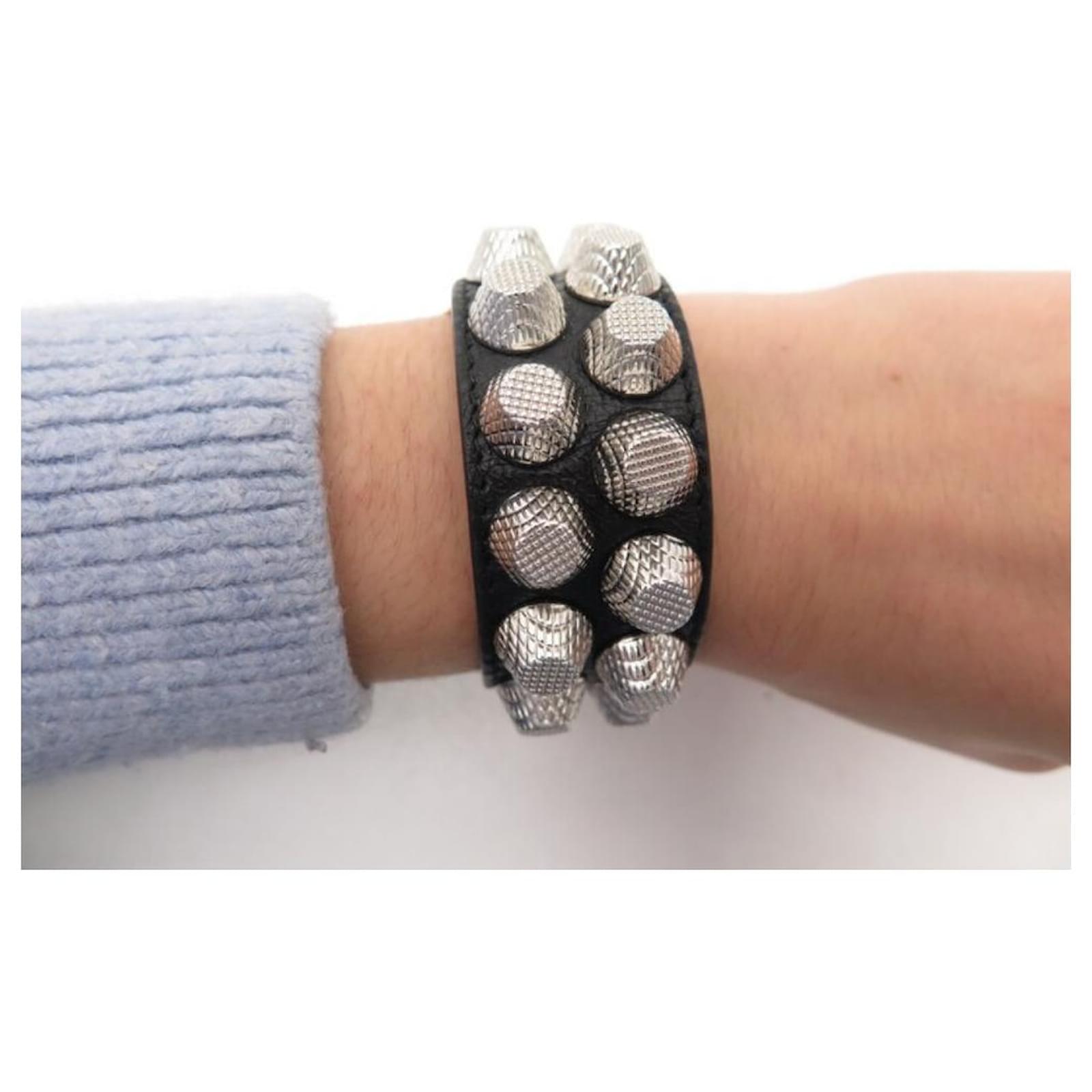 NEW BALENCIAGA GIANT STUD M BRACELET IN BLACK LEATHER & METAL