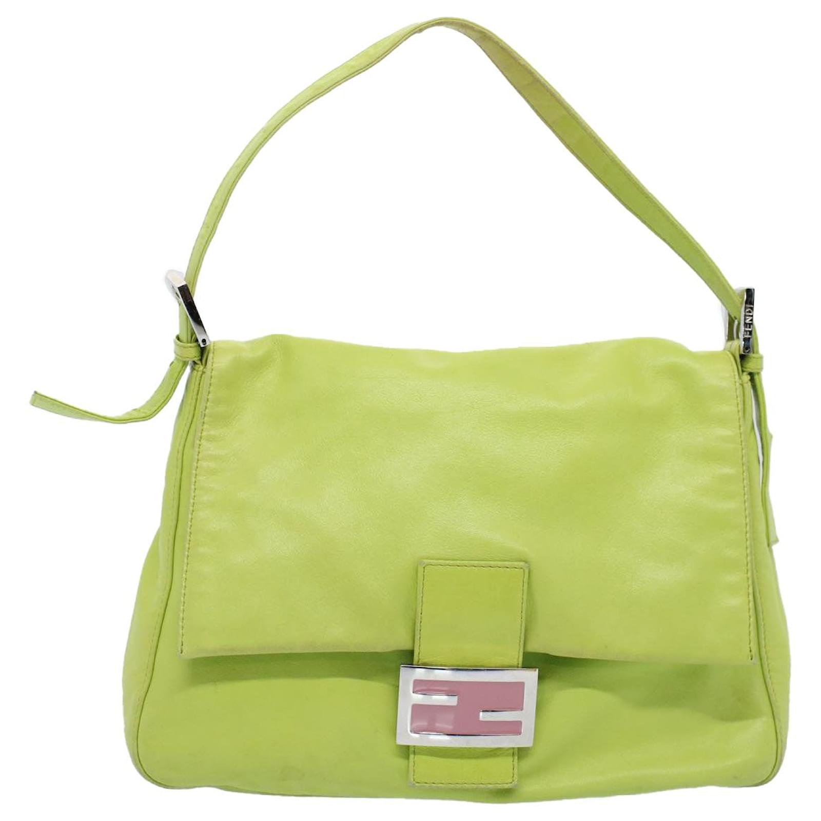 FENDI Mamma Baguette Shoulder Bag Leather LIme Green Auth