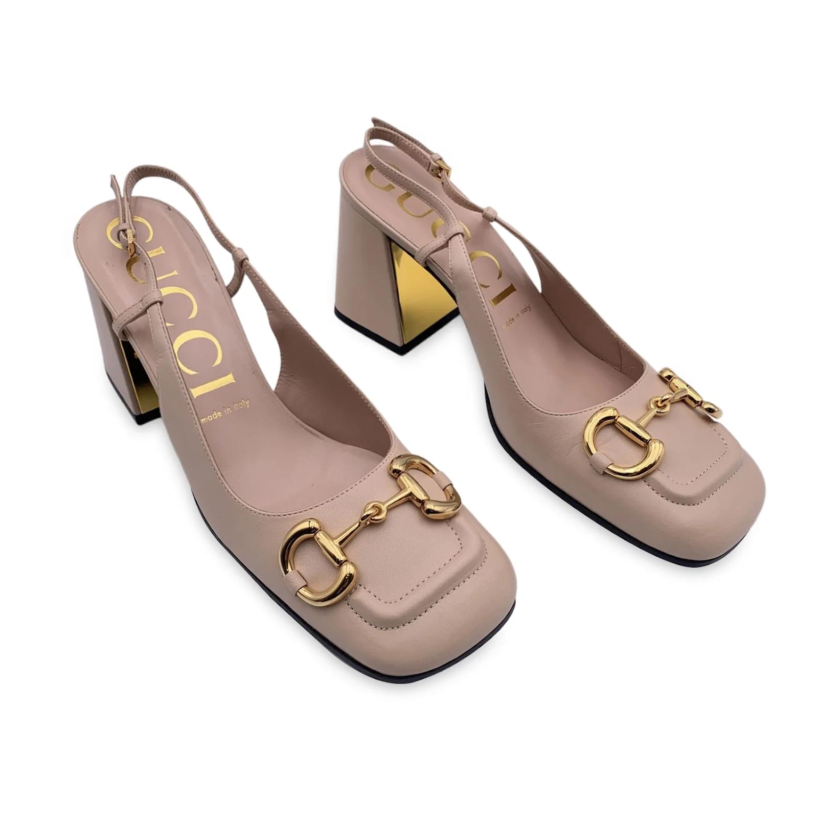 Gucci Beige Leather Horsebit Mid Heel Slingback Pumps Size