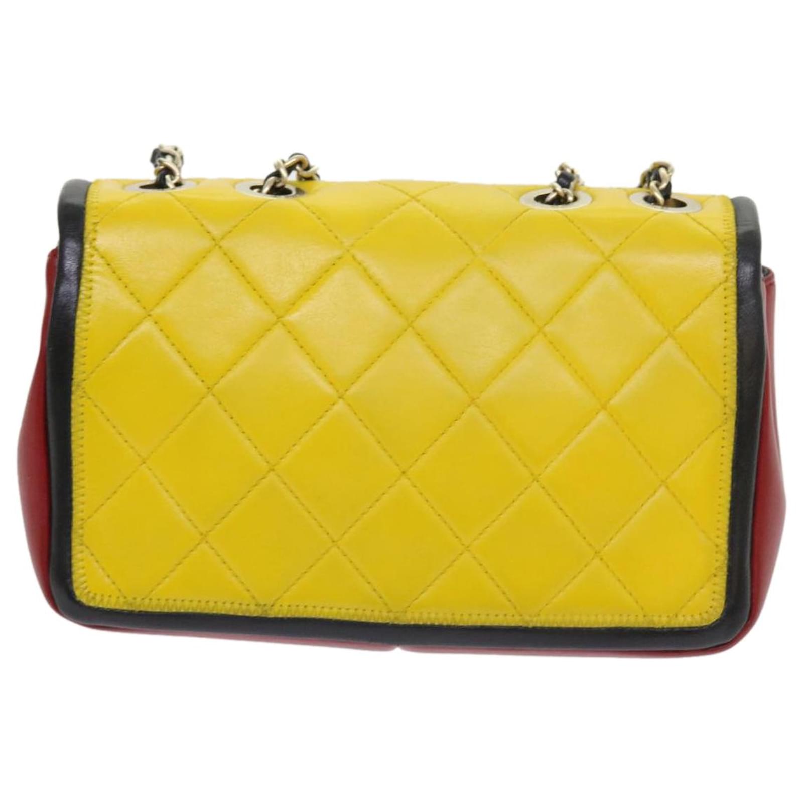 CHANEL Matelasse Chain Shoulder Bag Leather Yellow Purple Red CC