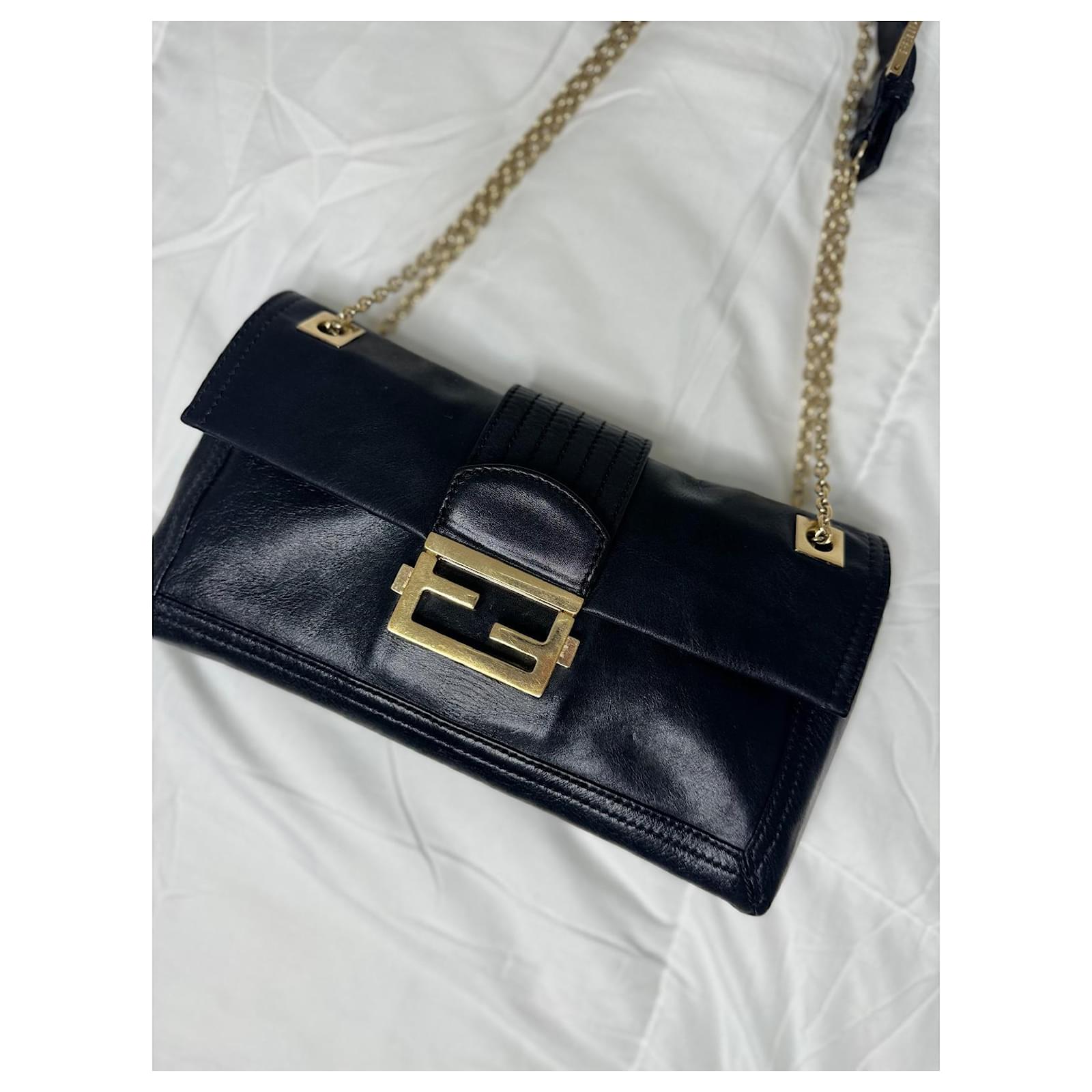 Fendi Black Leather Baguette x Gold Chain Flap Shoulder Bag