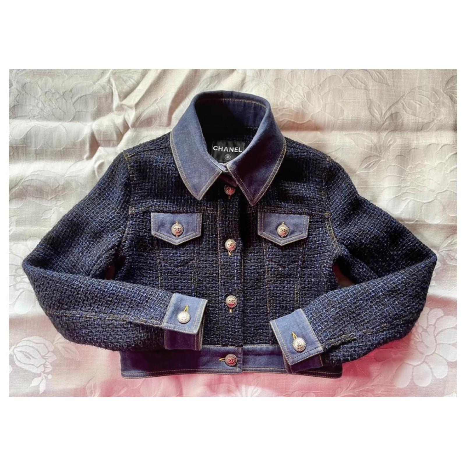Chanel 18P FANTASY TWEED denim jacket Blue Silk Cotton Polyamide