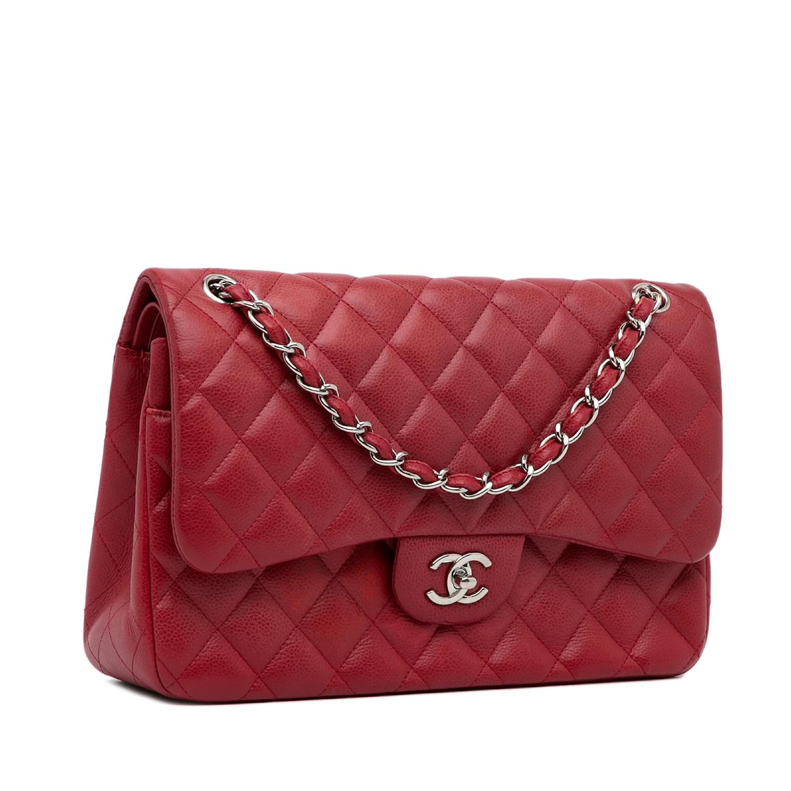 Red Chanel Jumbo Classic Caviar Double Flap Shoulder Bag Leather