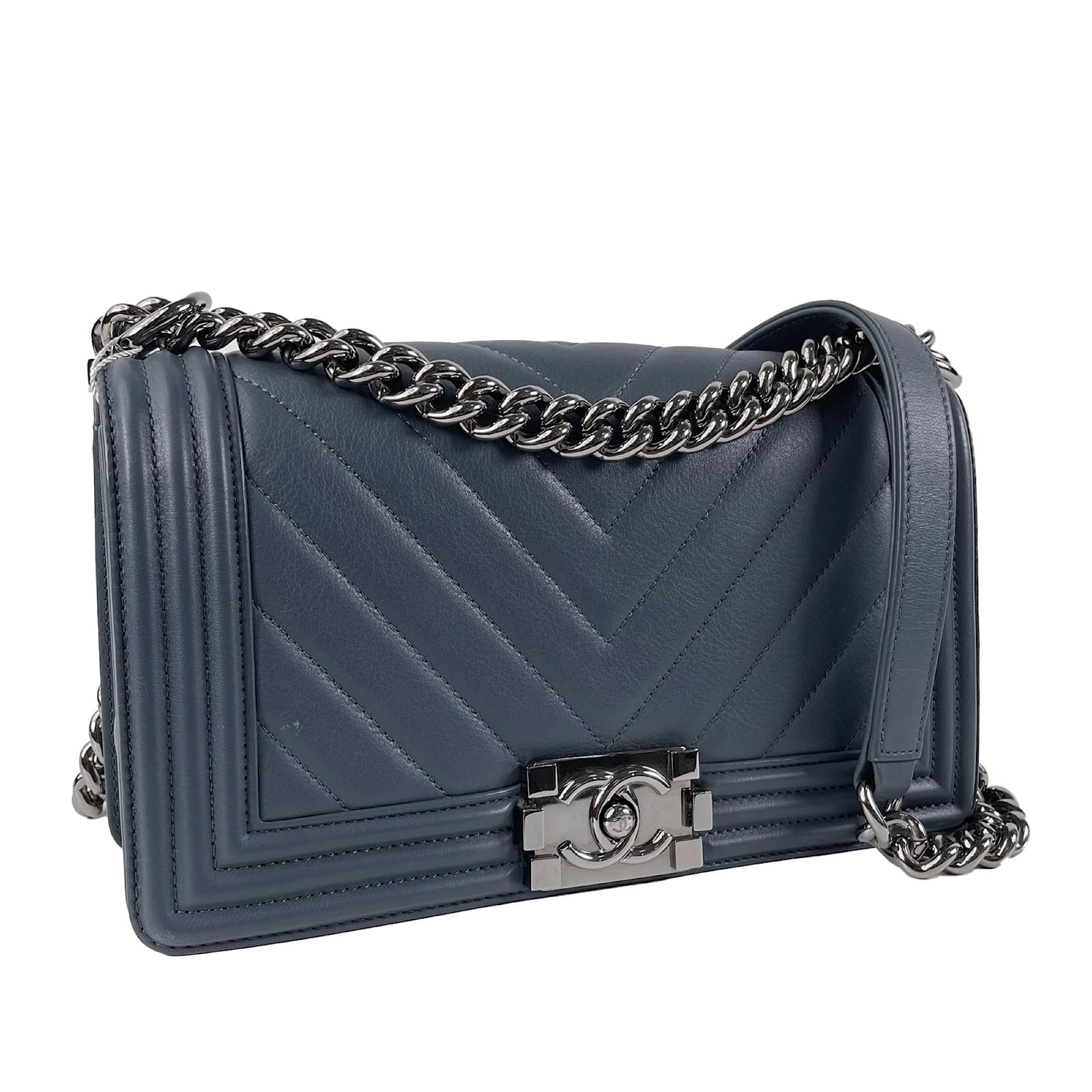 Blue Chanel Medium Calfskin Chevron Boy Flap Crossbody Bag Leather