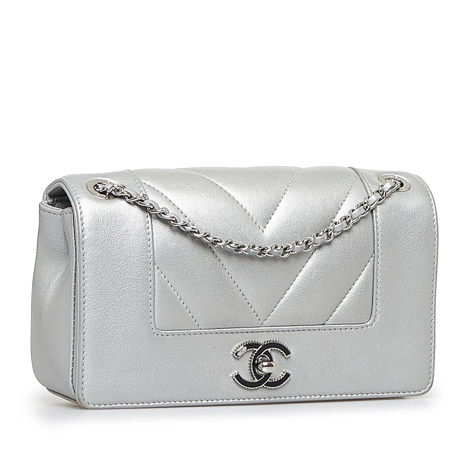 Silver Chanel Mademoiselle Vintage Chevron Flap Bag Silvery