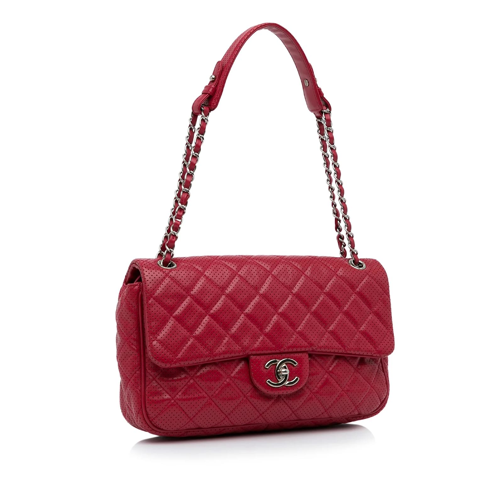 Red Chanel Jumbo Classic Perforated Lambskin Single Flap Shoulder