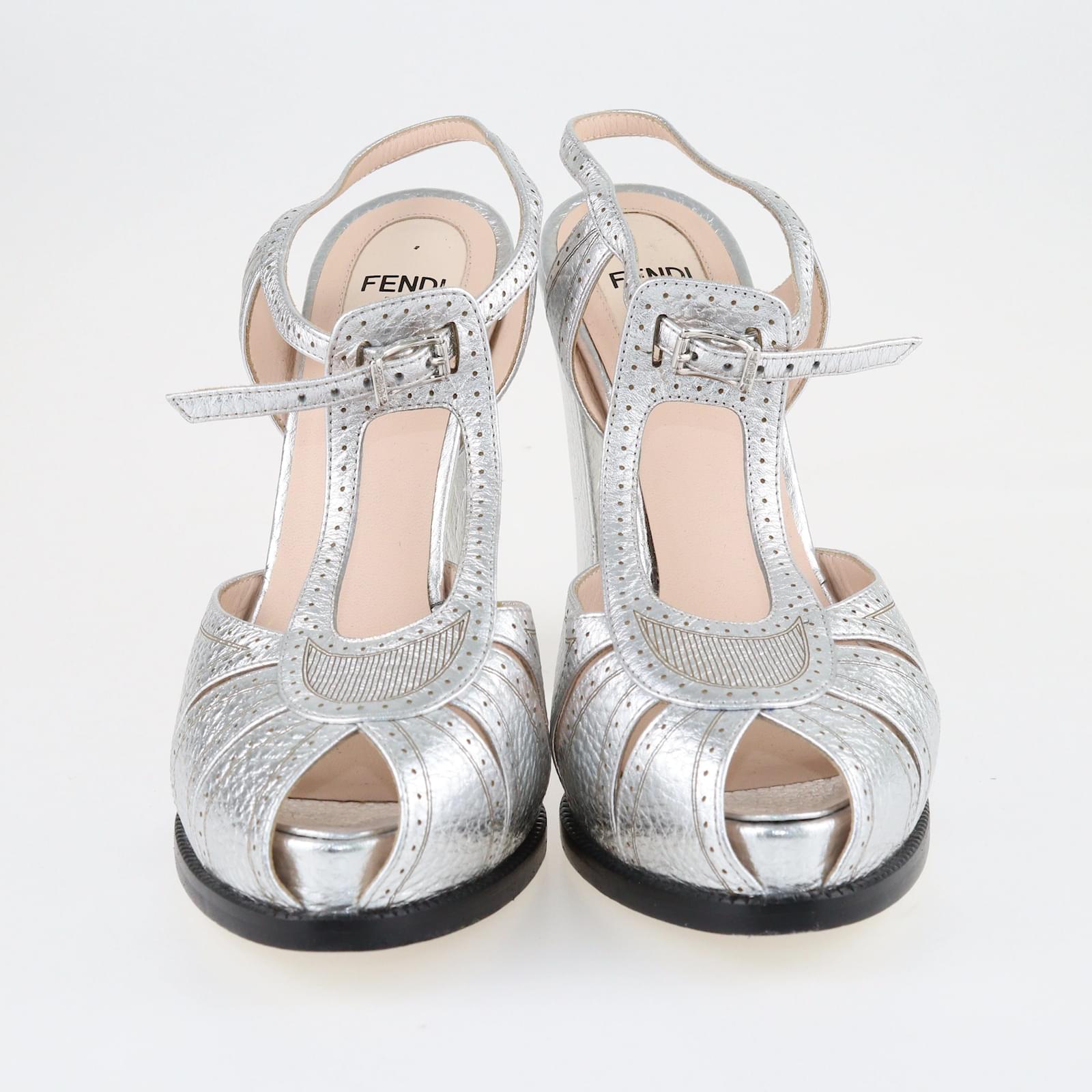 Fendi Silver Chameleon Block Heel Sandals Silvery Leather ref