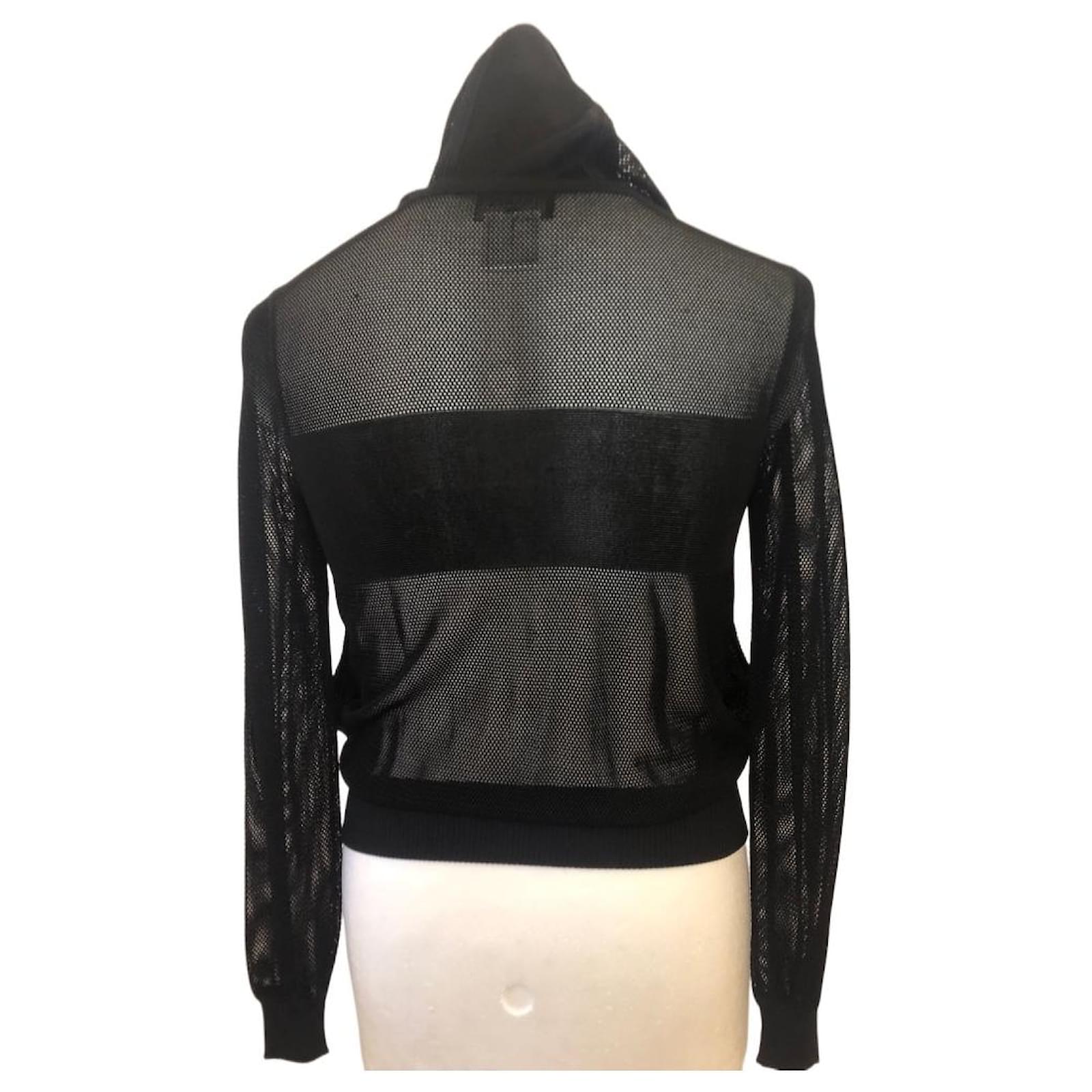 Chanel 19P New Black Mesh Hoodie Logo Zip Up Sweater Size Small