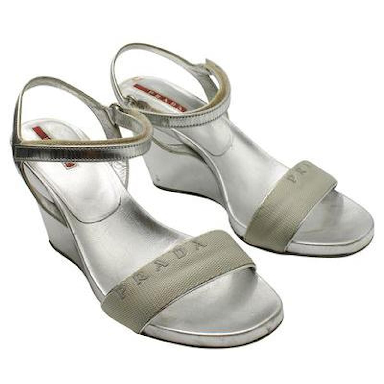 Prada Silver Leather \u0026 Nylon Wedges Silvery ref.1284999 - Joli Closet