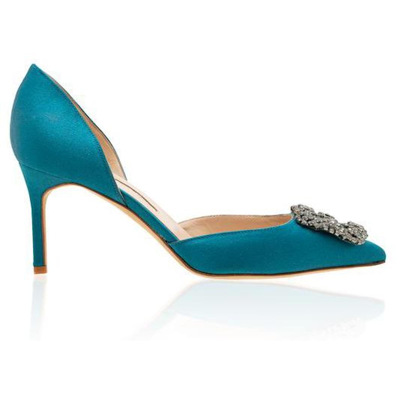 Manolo Blahnik Hangisi Turquoise Satin Jewel Buckle Pumps
