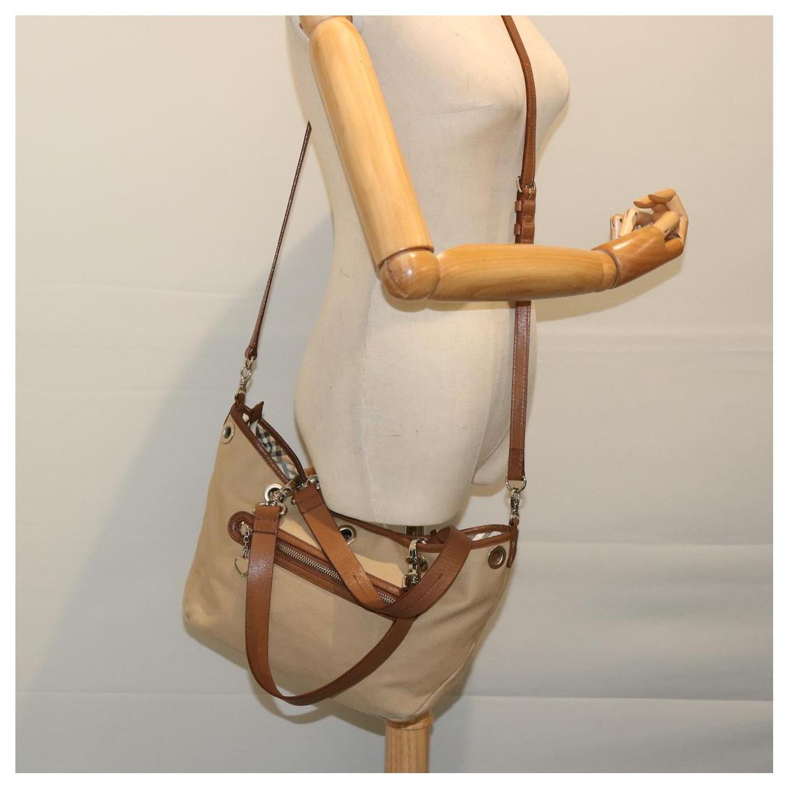 BURBERRY Blue Label Shoulder Bag Canvas 2way Beige Auth yb537 