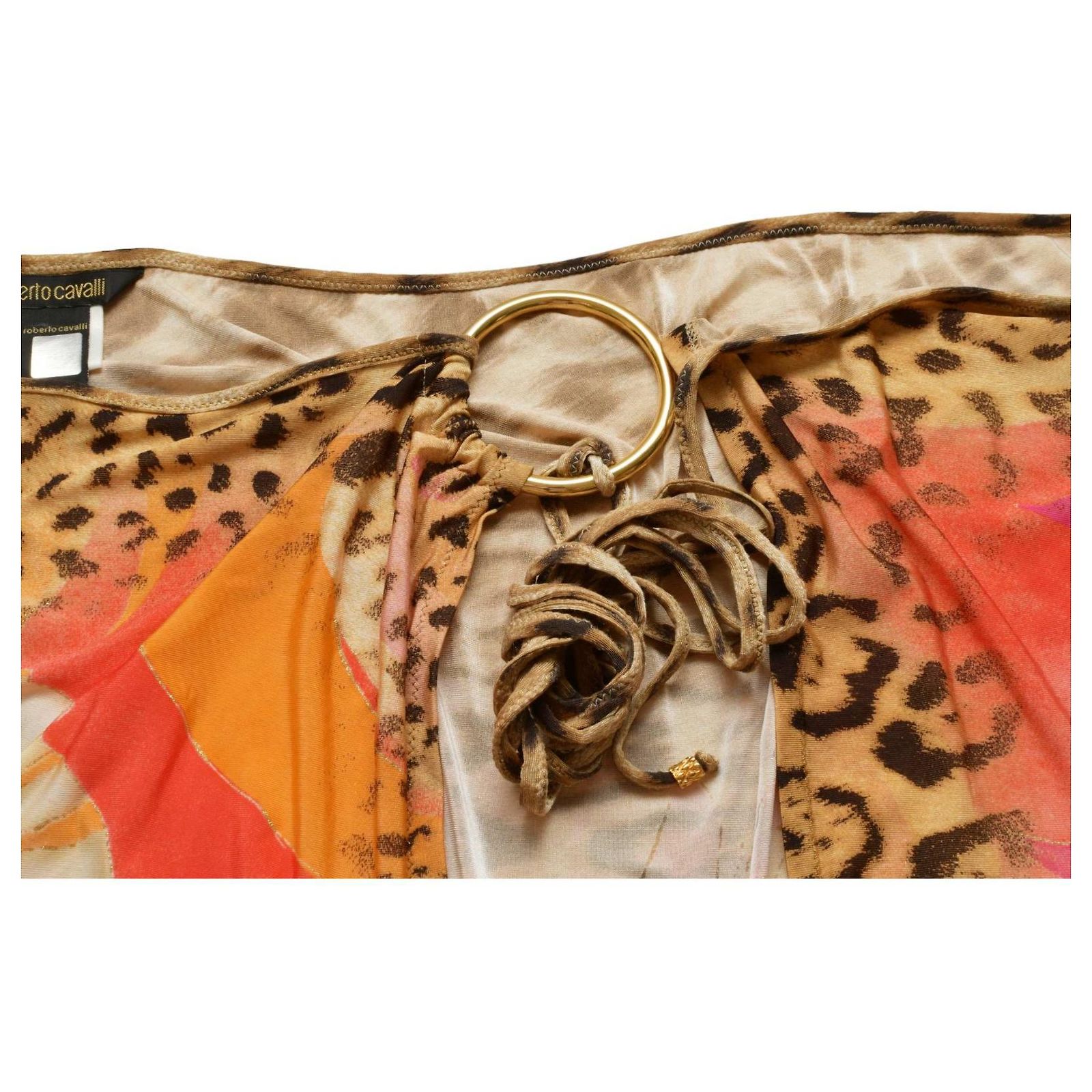 Top Roberto Cavalli Orange Imprimé Animal Et Médaillon Floral, Taille 42, Italie