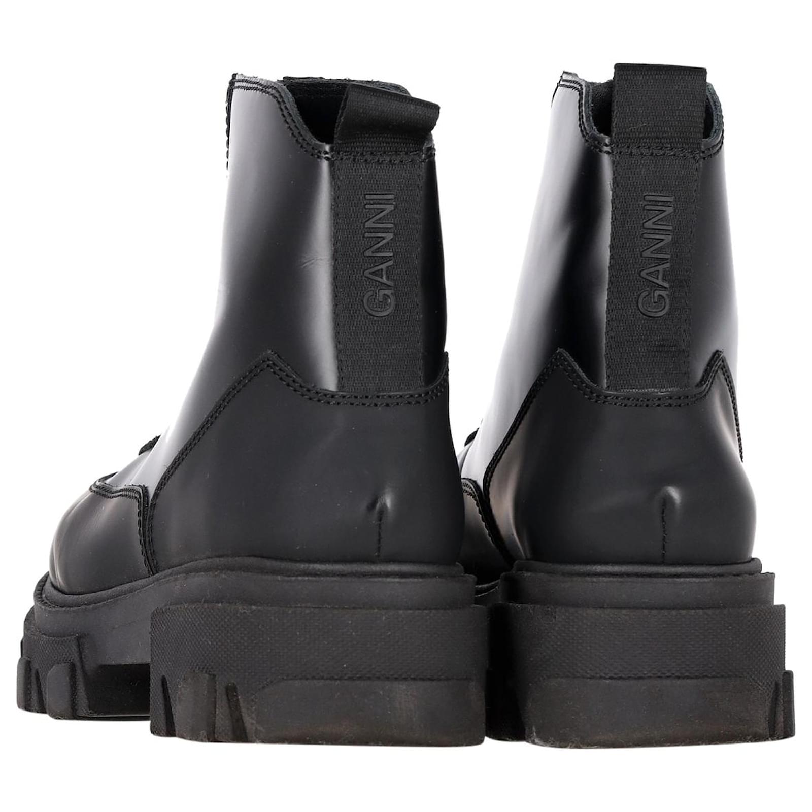 Ganni Polido Zipper Ankle Boots in Black Leather
