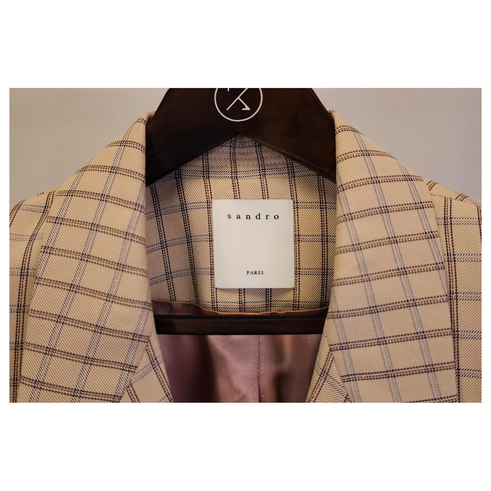 Sandro Paris Danube Double-Breasted Checked Blazer in Beige Wool