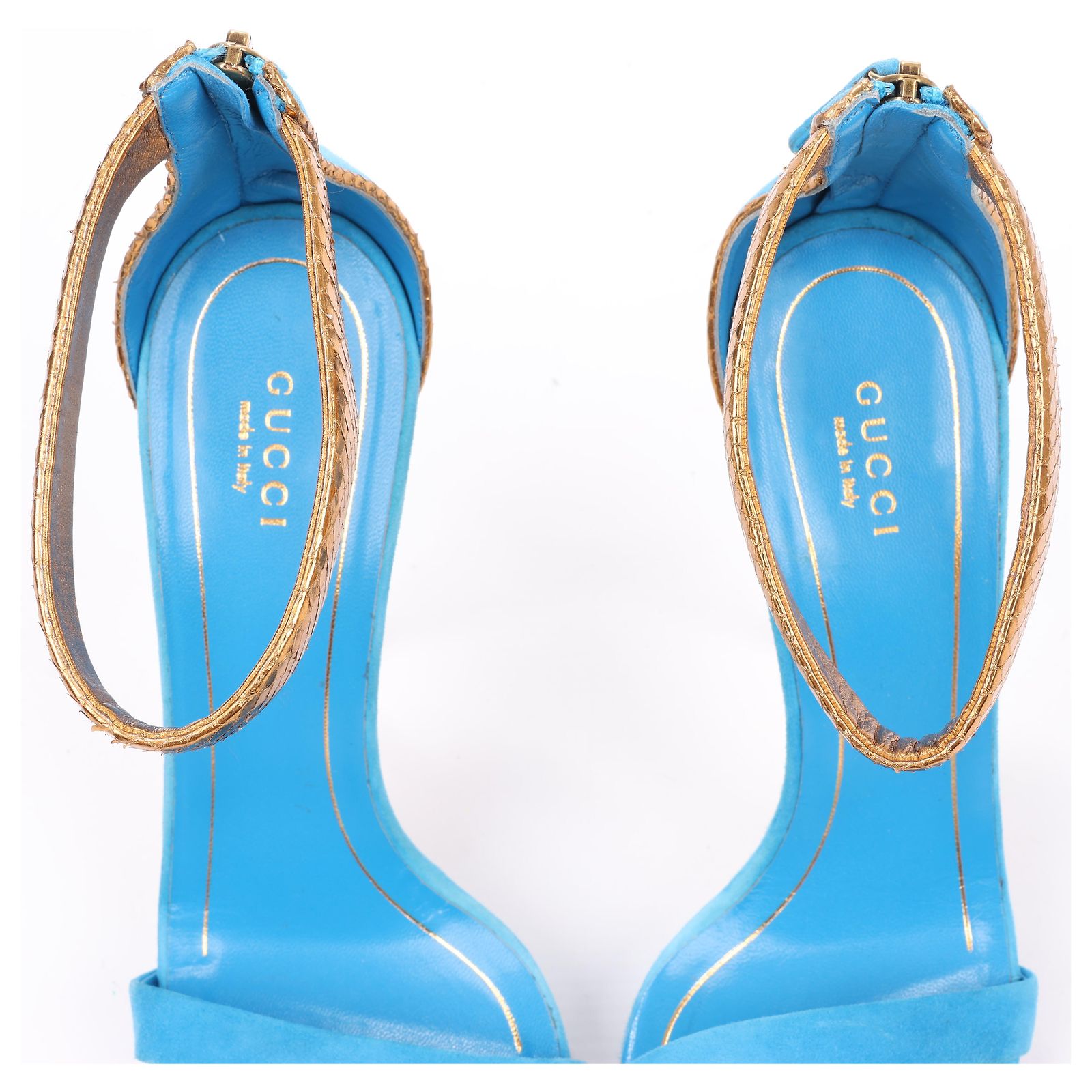 Gucci Blue/Gold Suede and Python Leather Kelis Ankle Strap 