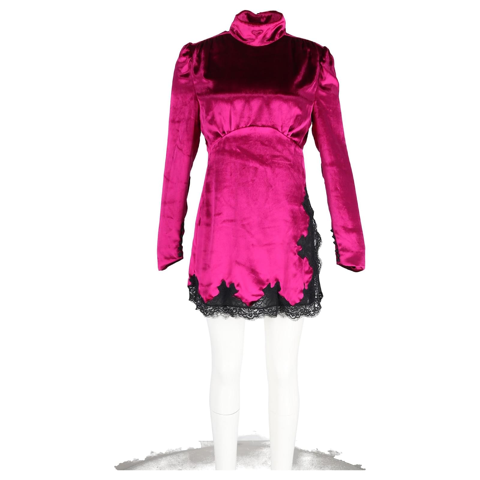 Alessandra Rich Baby Doll Lace Trim Mini Dress in Velvet Fuchsia Pink