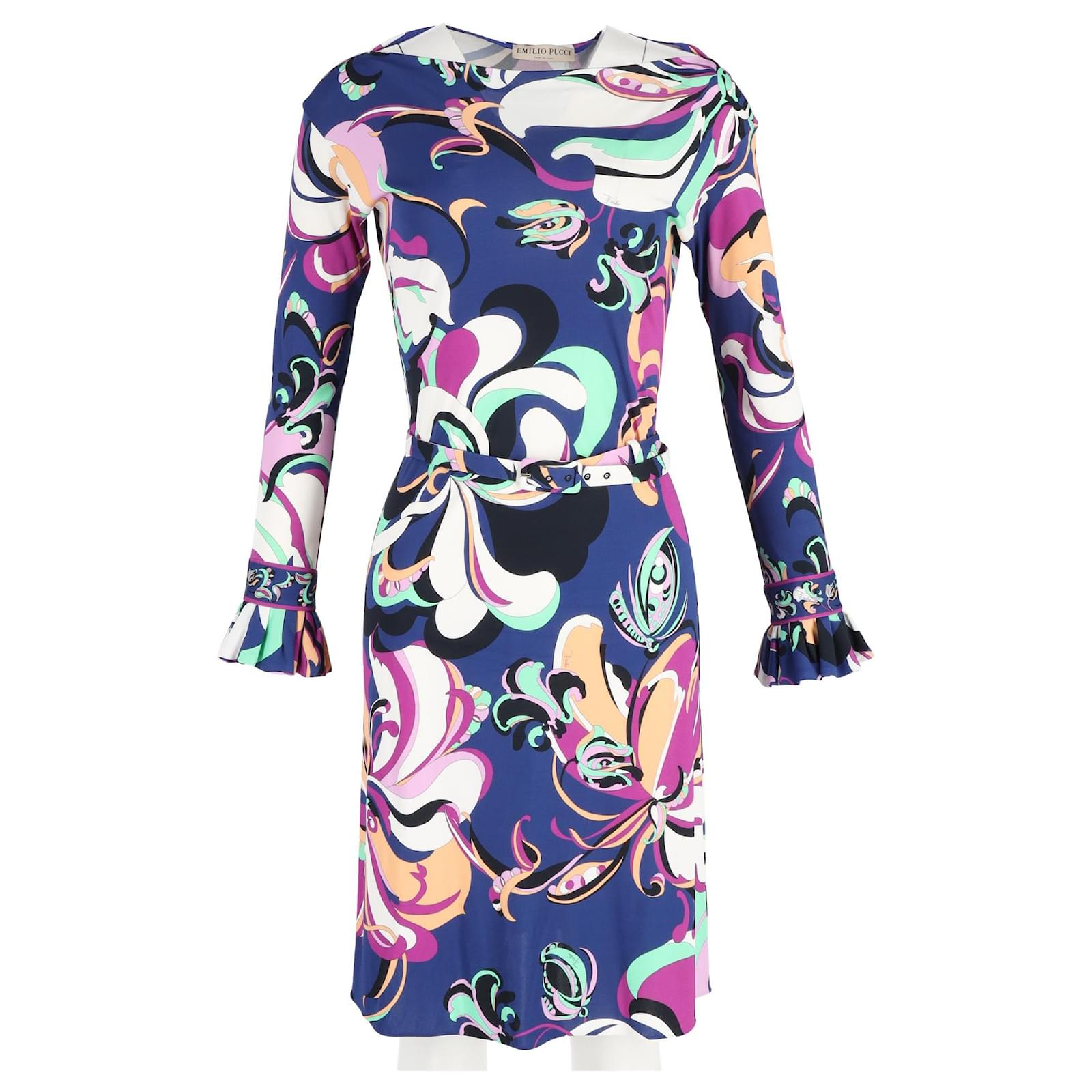 Emilio Pucci Aruba Long-sleeved Belted Midi Dress in Blue and Purple Floral  Print Viscose Cellulose fibre ref.JC1408650 (Sold) - Joli Closet