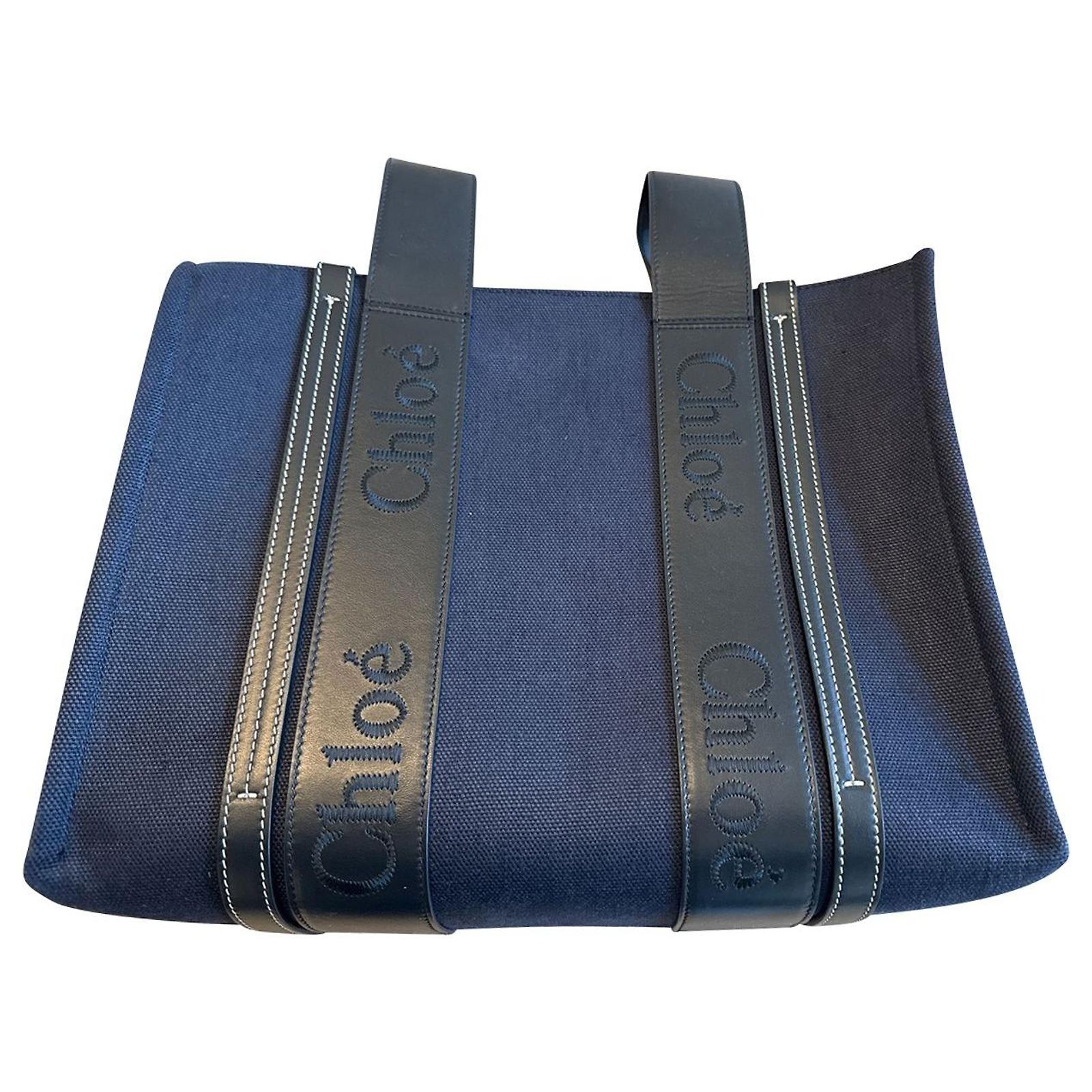 Chloé Chloe Medium Woody Tote in Blue Canvas and Black Calfskin 