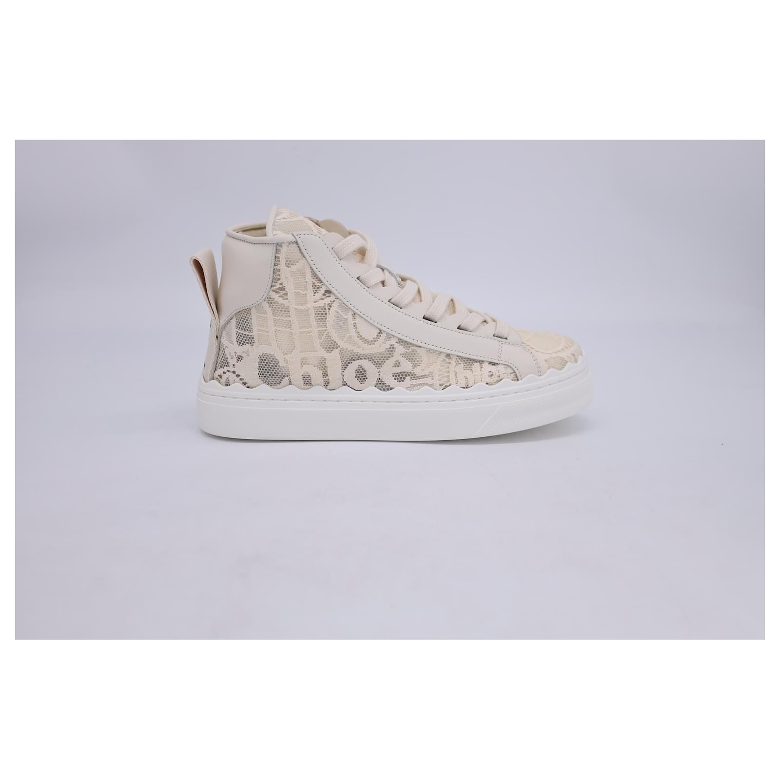 Chloé Lauren Lace High-Top Sneakers in Ecru Cotton White