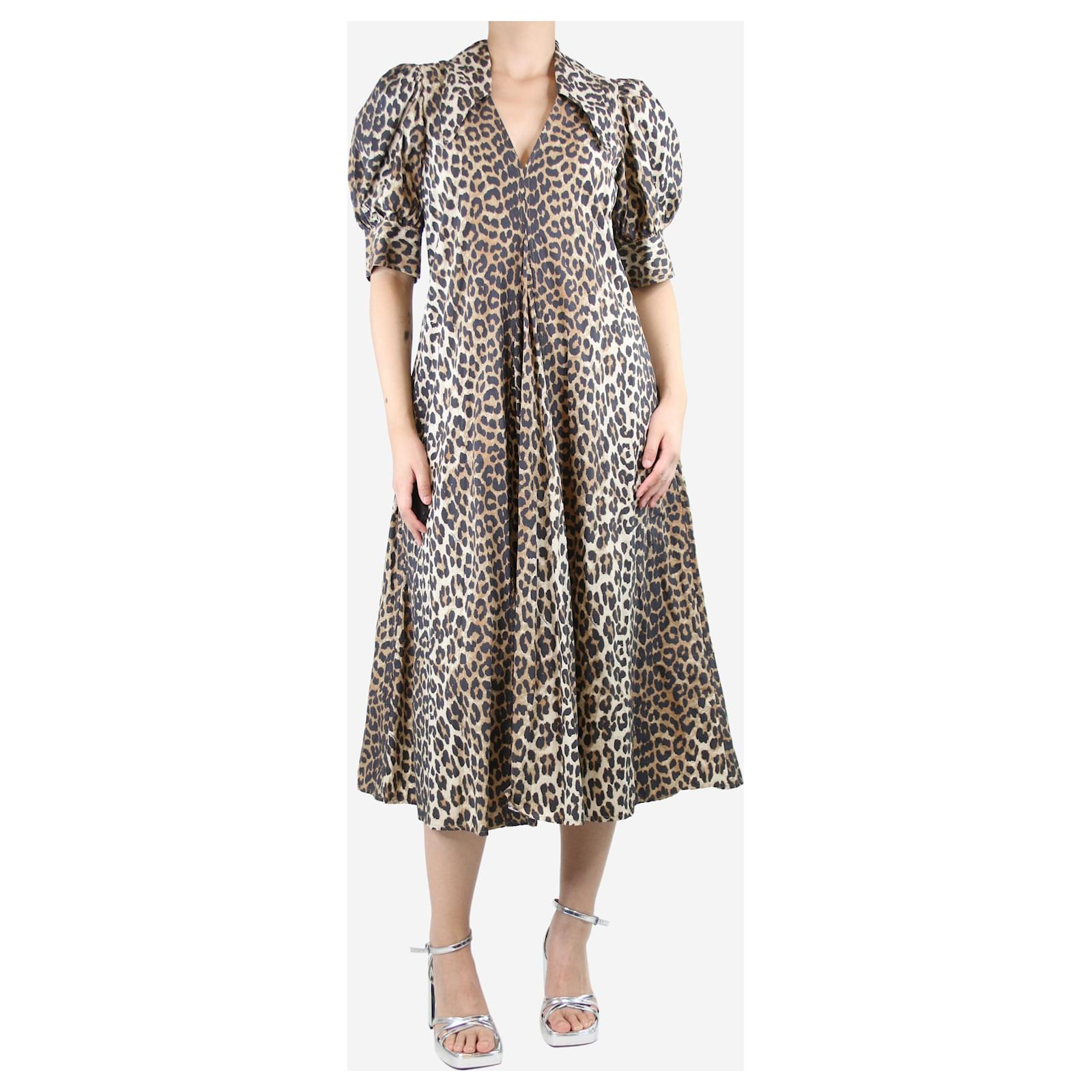 ワンピース Ganni Ganni Animal Print Poplin Dress Leopard Leopard Cotton Poplin V-neck Maxi Dress | GANNI US
