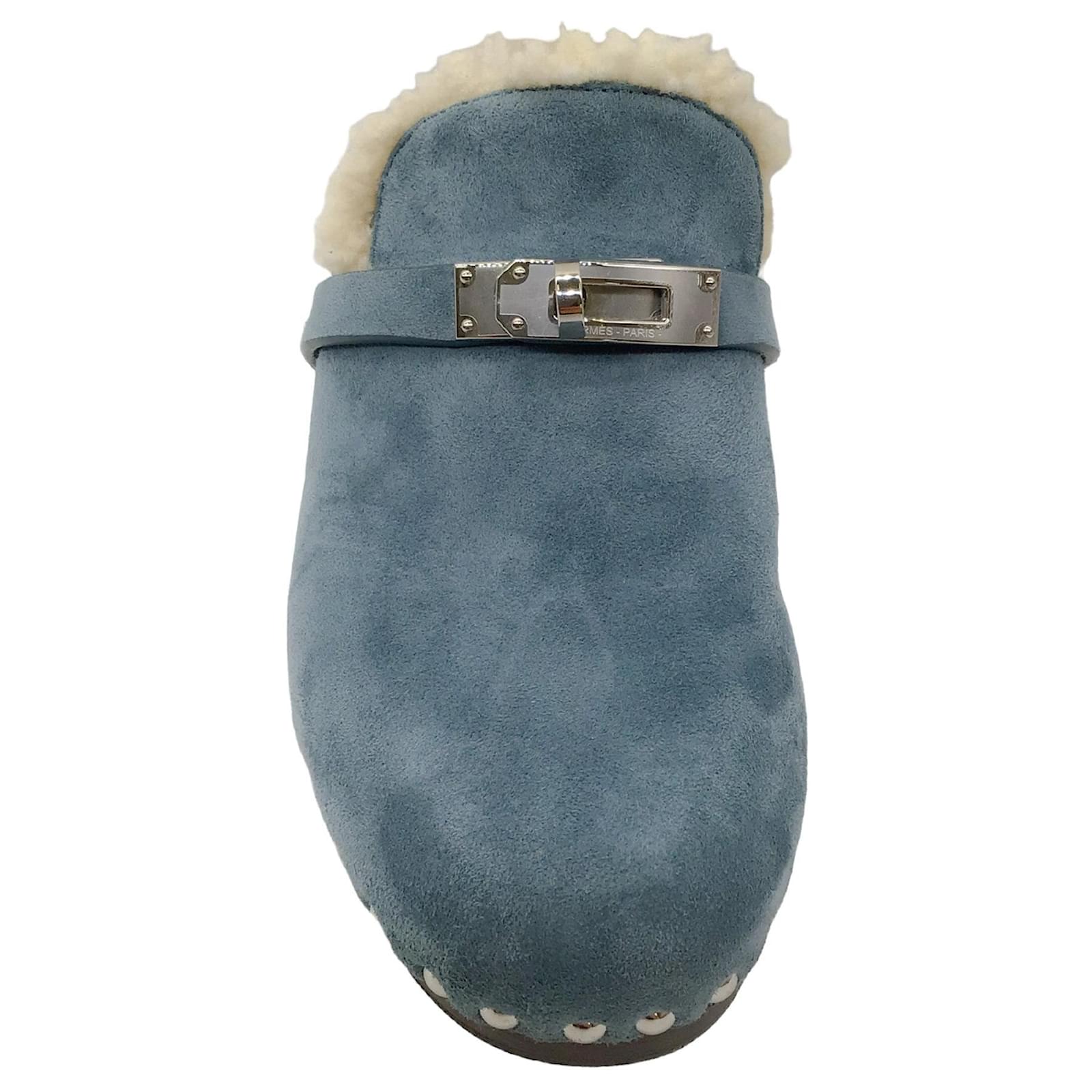 Hermès Hermes Light Blue Suede Goatskin Shearling Lined Carlotta