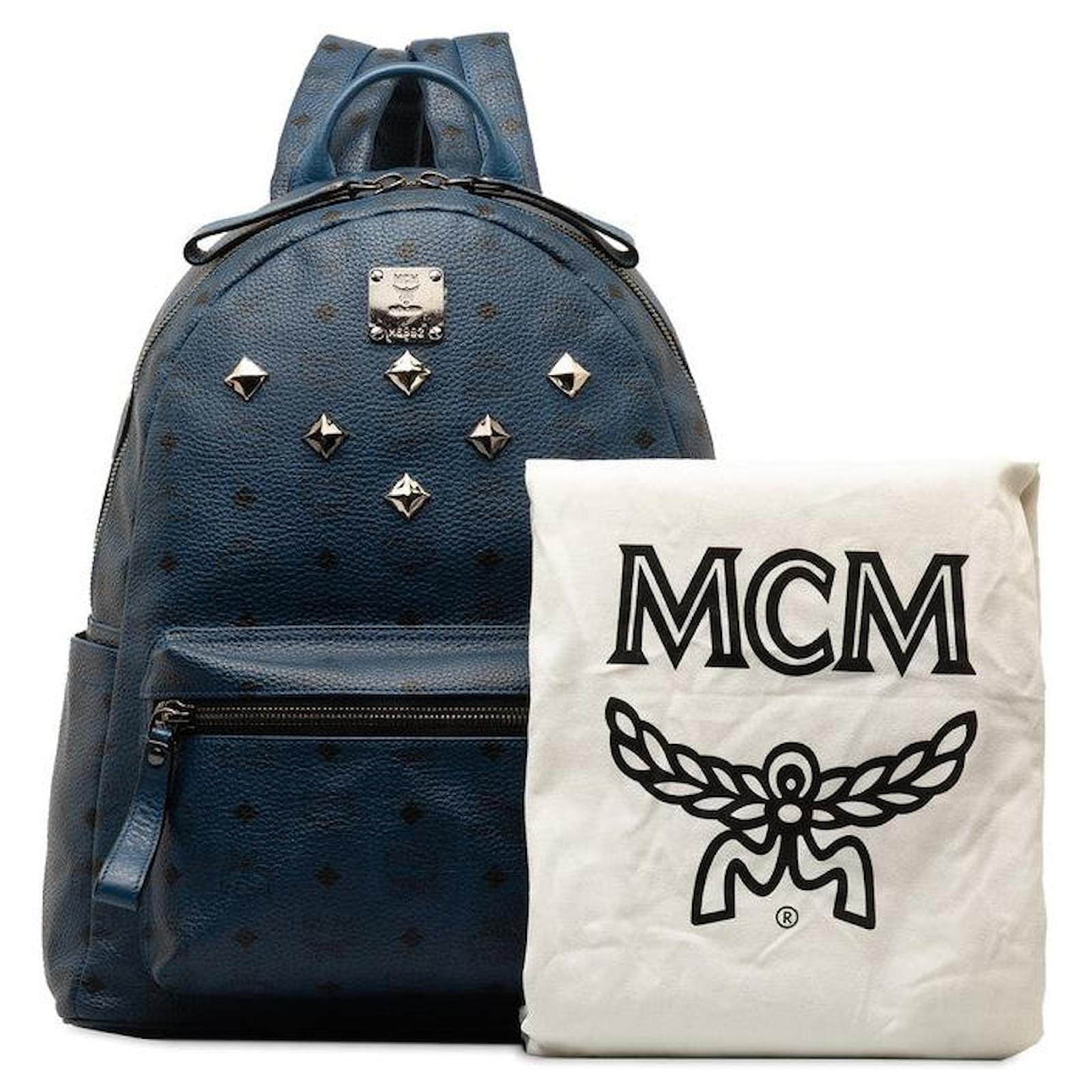 Mcm blue studded backpack best sale