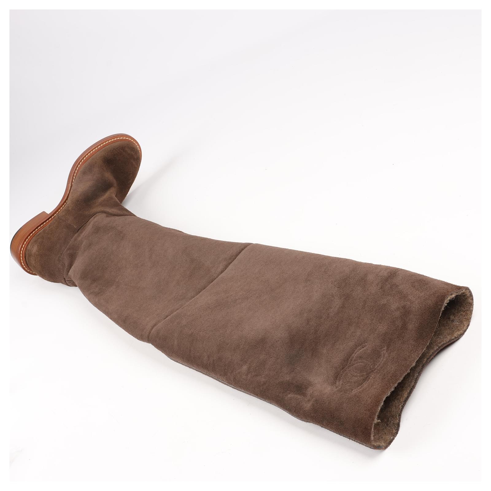 CHANEL Coco Mark Wool x Suede Long Boots 37C in Brown G30099 Cloth