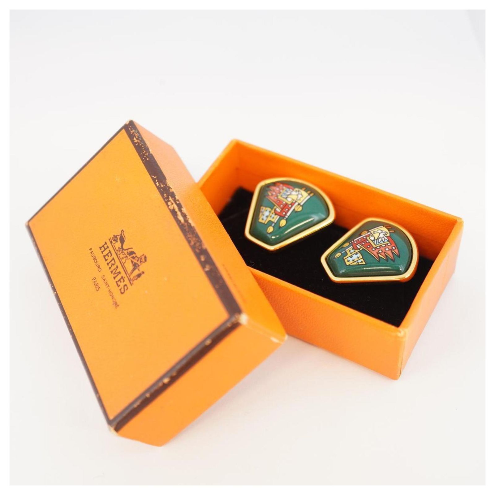 Boucles D'oreilles Hermès Plaquées Or Avec émail - Style Signature, état Correct