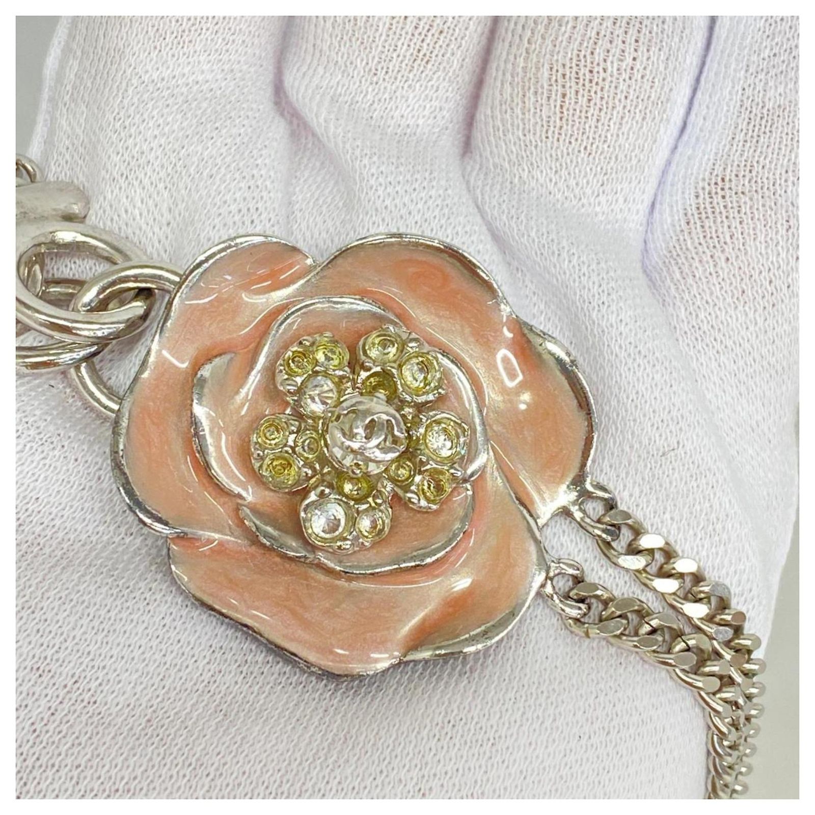 Chanel Silver Chain Belt with Pink Camellia Flower Chanel Camellia Rhinestone Chain Necklace/Belt | Vivrelle main image 4