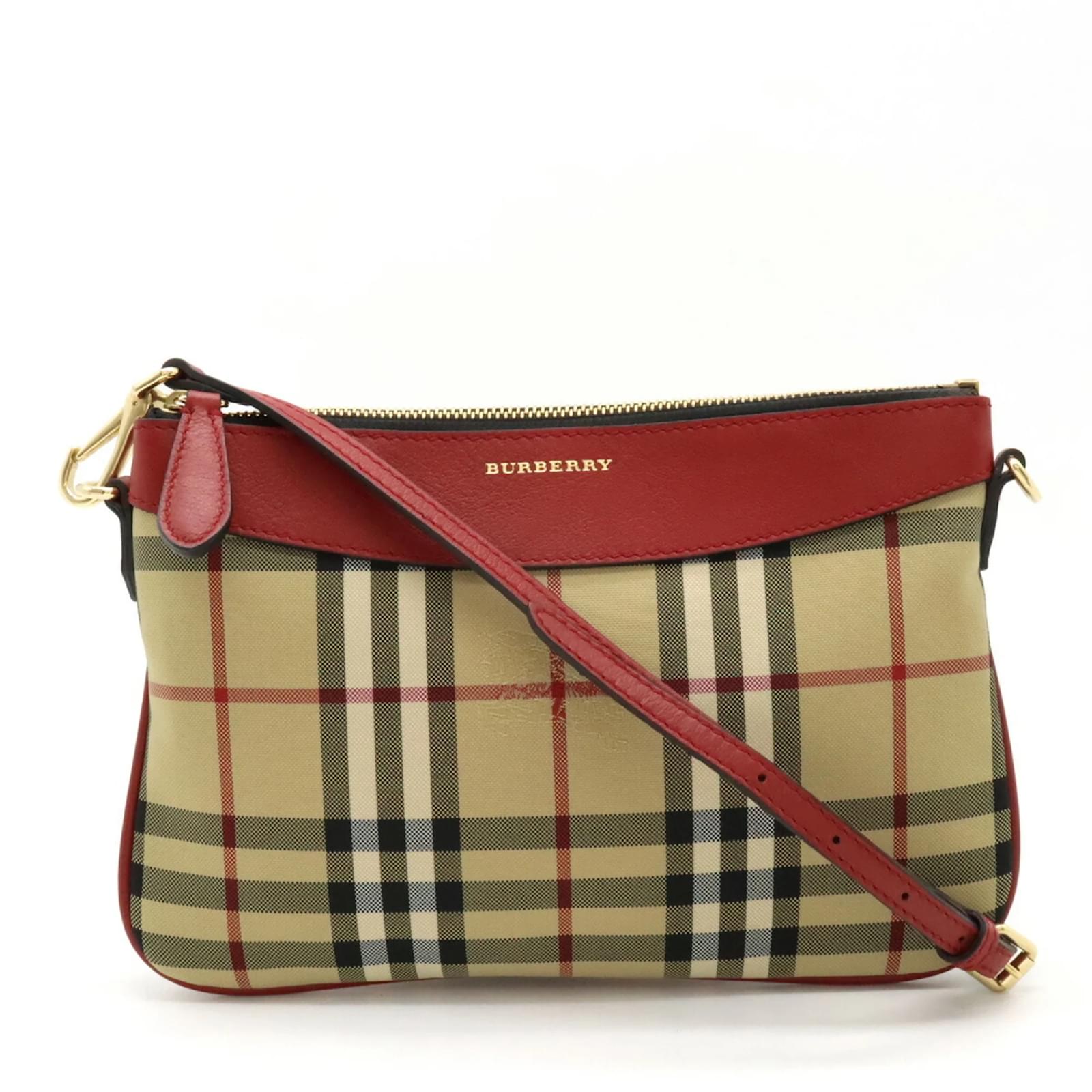 Burberry Nova Check Shoulder Bag Pochette Clutch Red Beige Leather