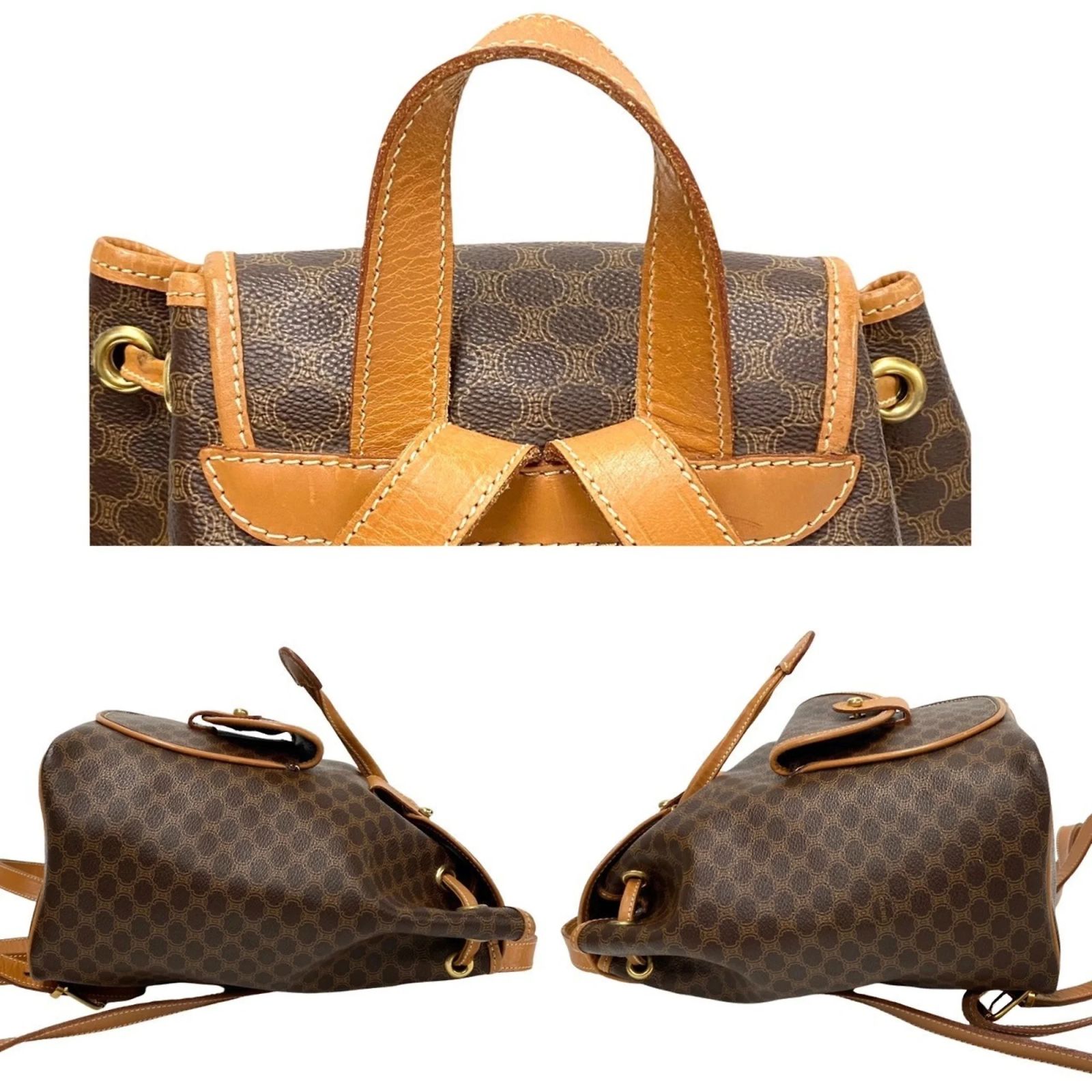 Celine Vintage Macadam Blason Pattern Leather Backpack Brown CELINE Vintage Macadam Blason Pattern with Logo and Ring  main image 3