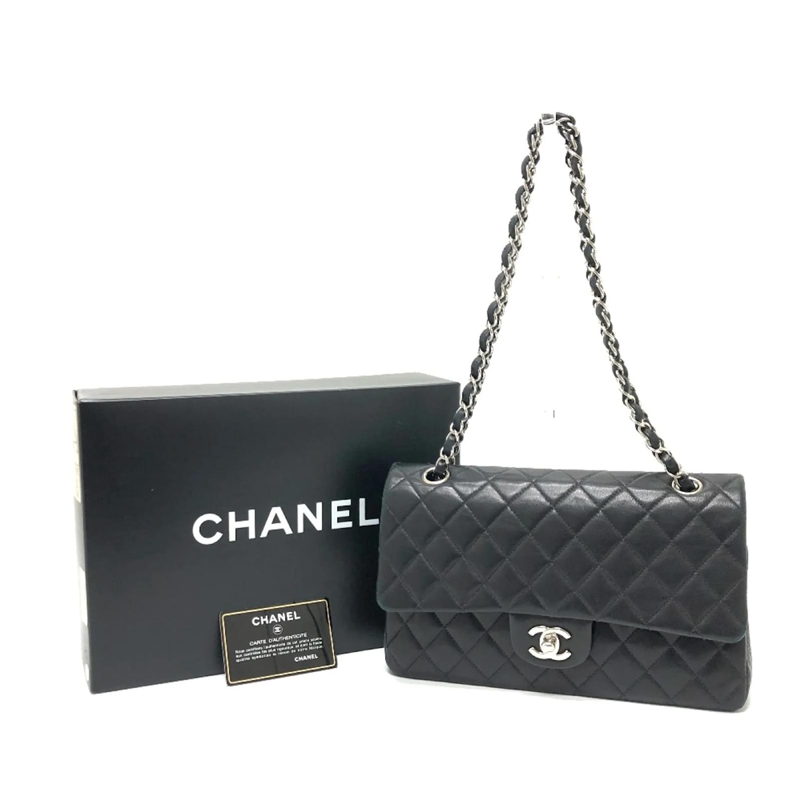 Chanel A01112 Double Chain W Flap Shoulder Bag Black Leather ref